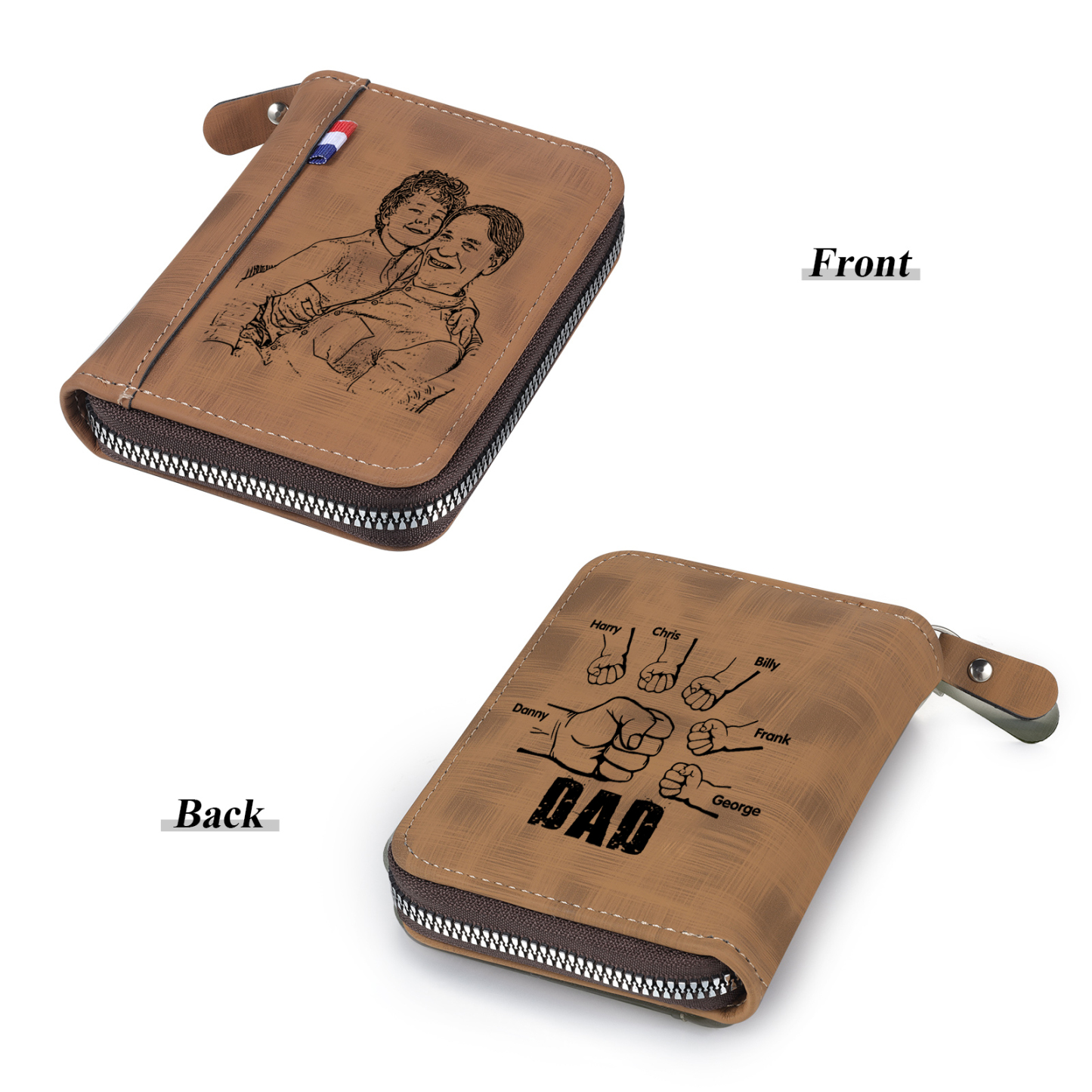 6 Names - Personalised Fist Bump Fist Bump Photo Custom Leather Men's Zipper Wallet as a Father's Day Gift for Dad