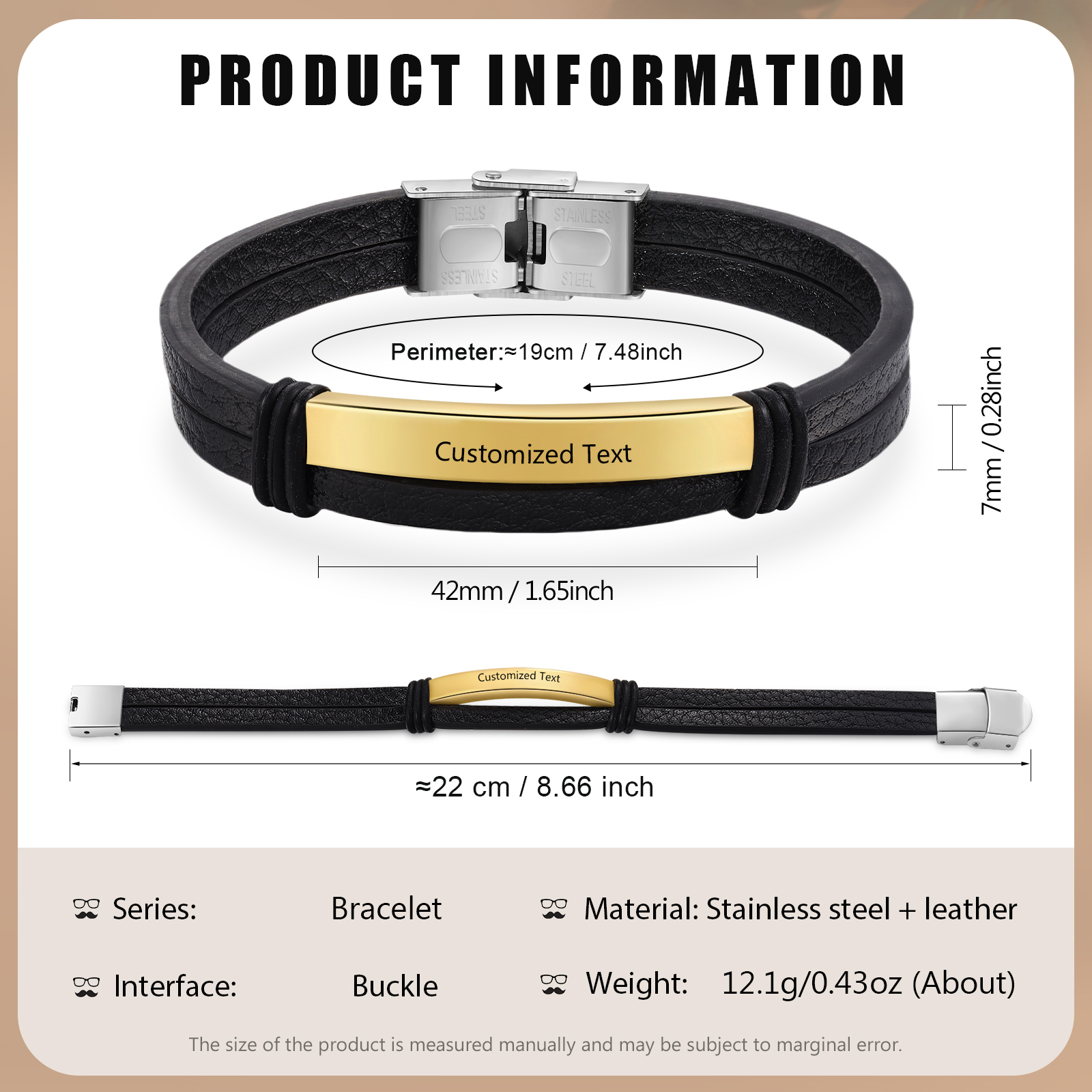 Personalised Text Black Leather Bracelet Men's Bracelet Father's Day Gift for Dad