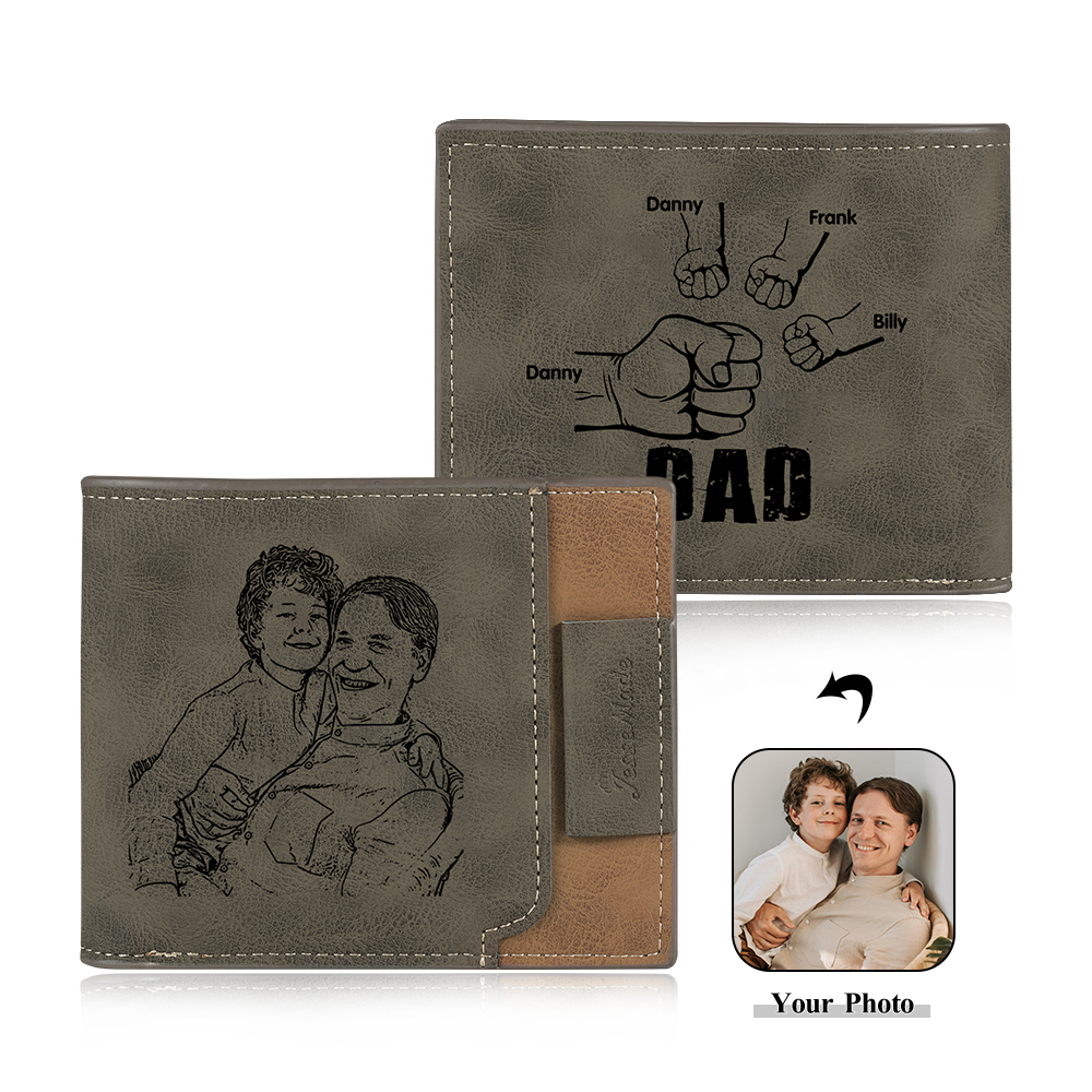4 Names - Personalised Photo Custom Leather Men's Wallet as a Father's Day Gift for Dad