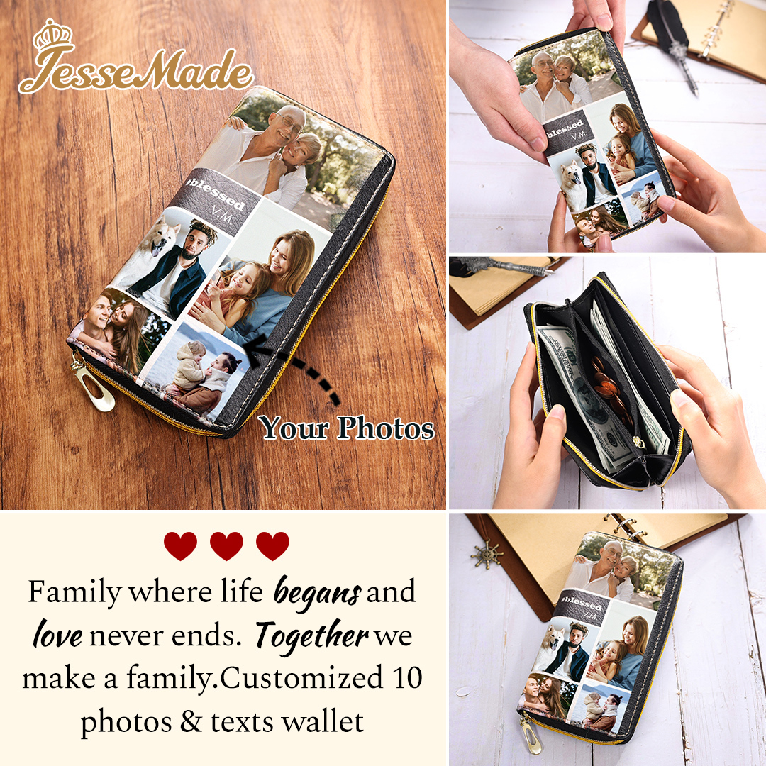 Custom Purse-Long Purse Personalised Leather Wallet Engraved 10 Photos Zip Wallet Gifts For Women Men
