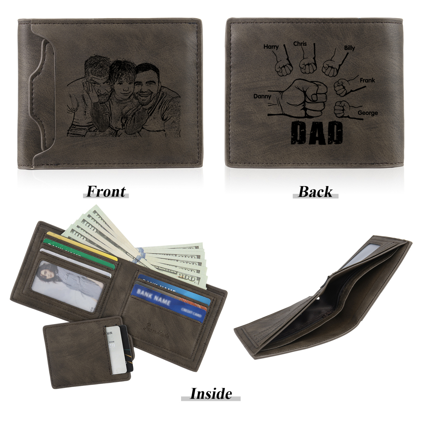 6 Names - Personalised Photo Custom Leather Men's Folding Wallet as a Father's Day Gift for Dad