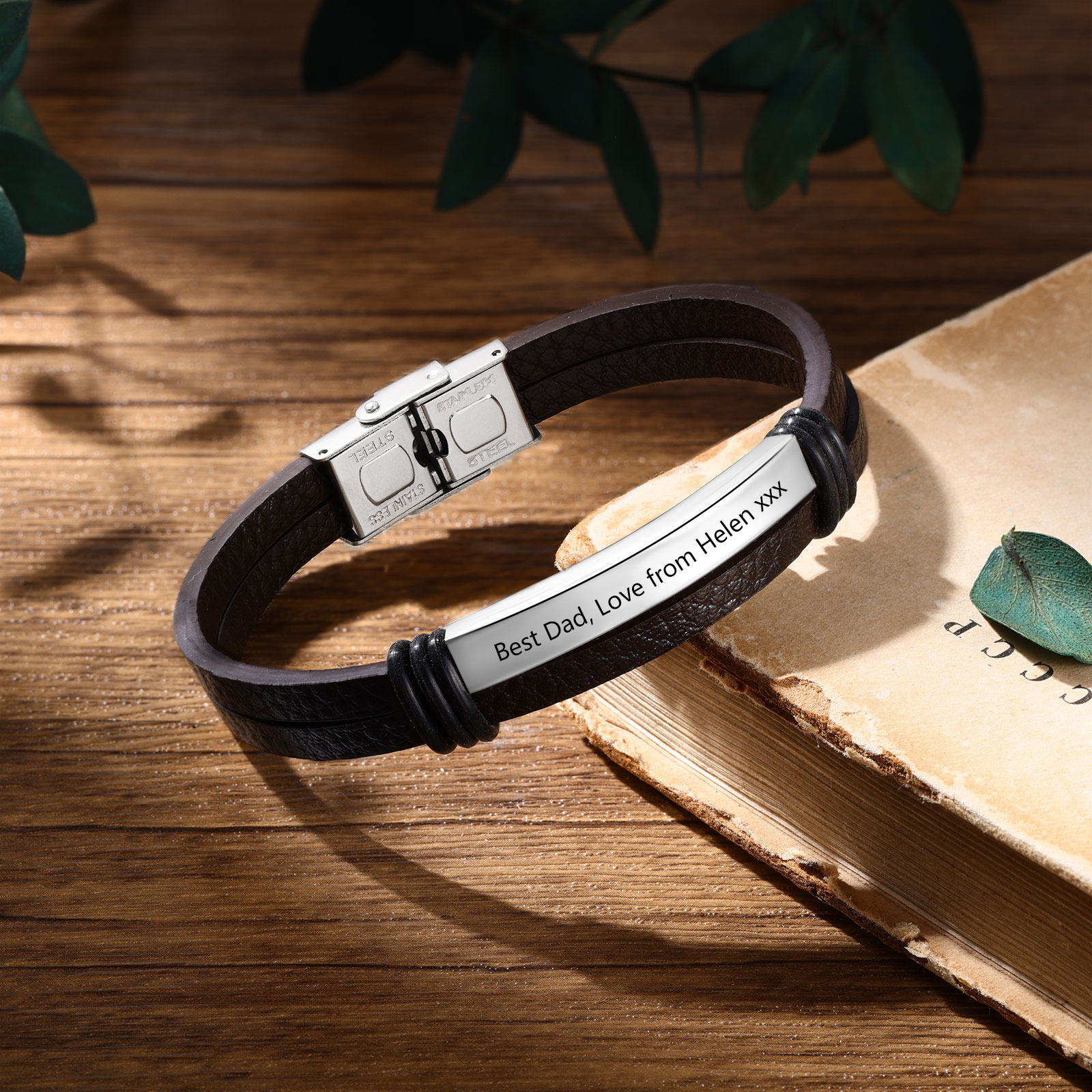 Stainless Steel Mens Personalised Leather Bracelet Men's Photo