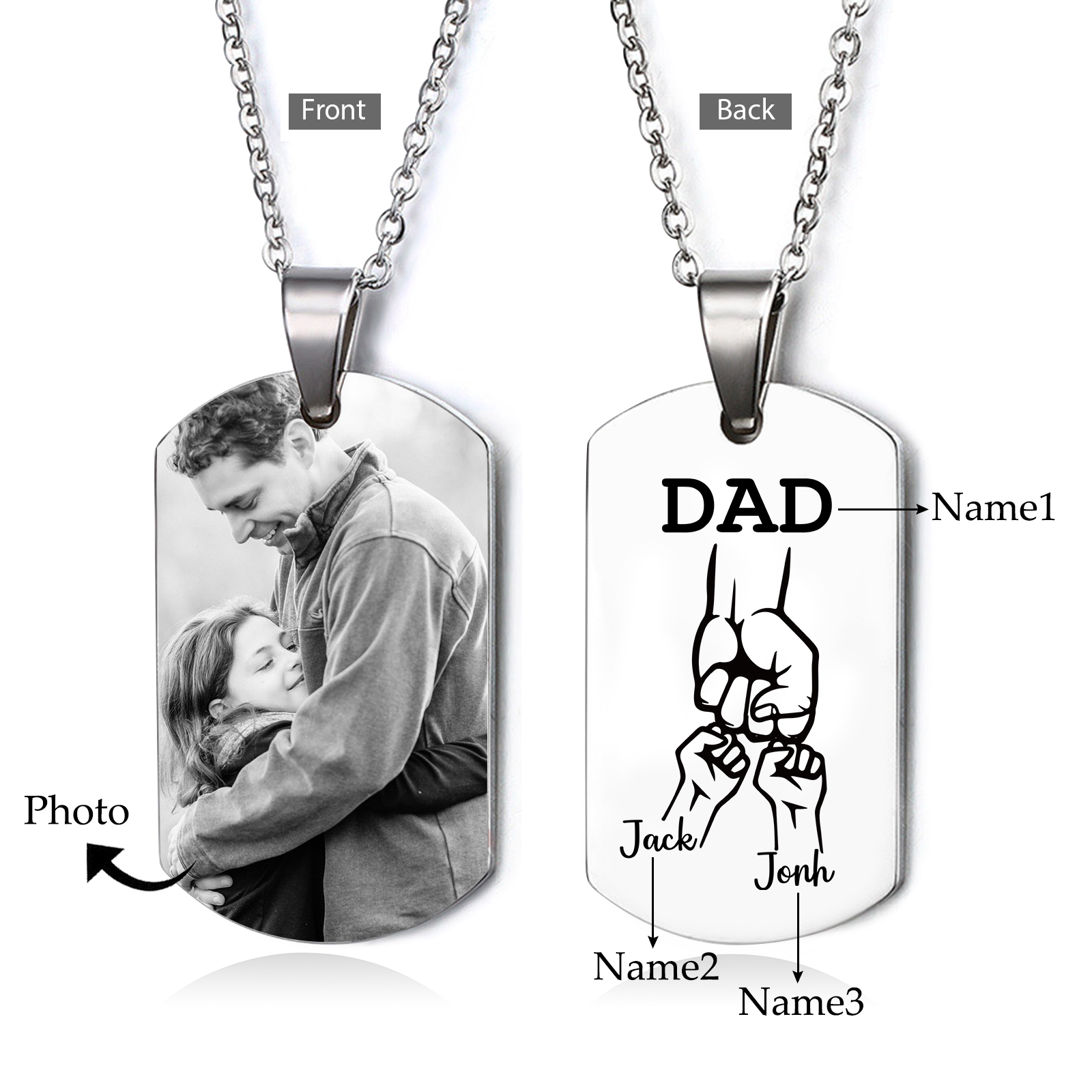 3 Names-Personalised Dad Photo Fist Stainless Steel Necklace-Custom Names and Photo Necklace for Father/Grandad