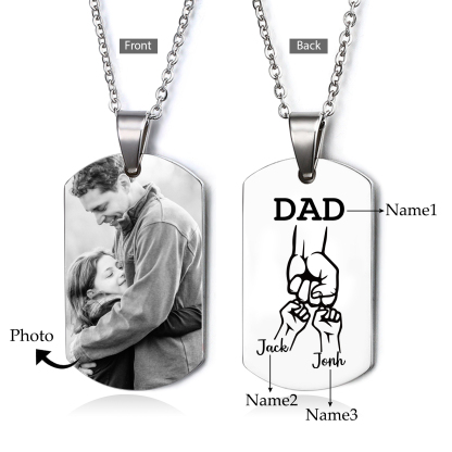 3 Names-Personalised Dad Photo Fist Stainless Steel Necklace-Custom Names and Photo Necklace for Father/Grandad
