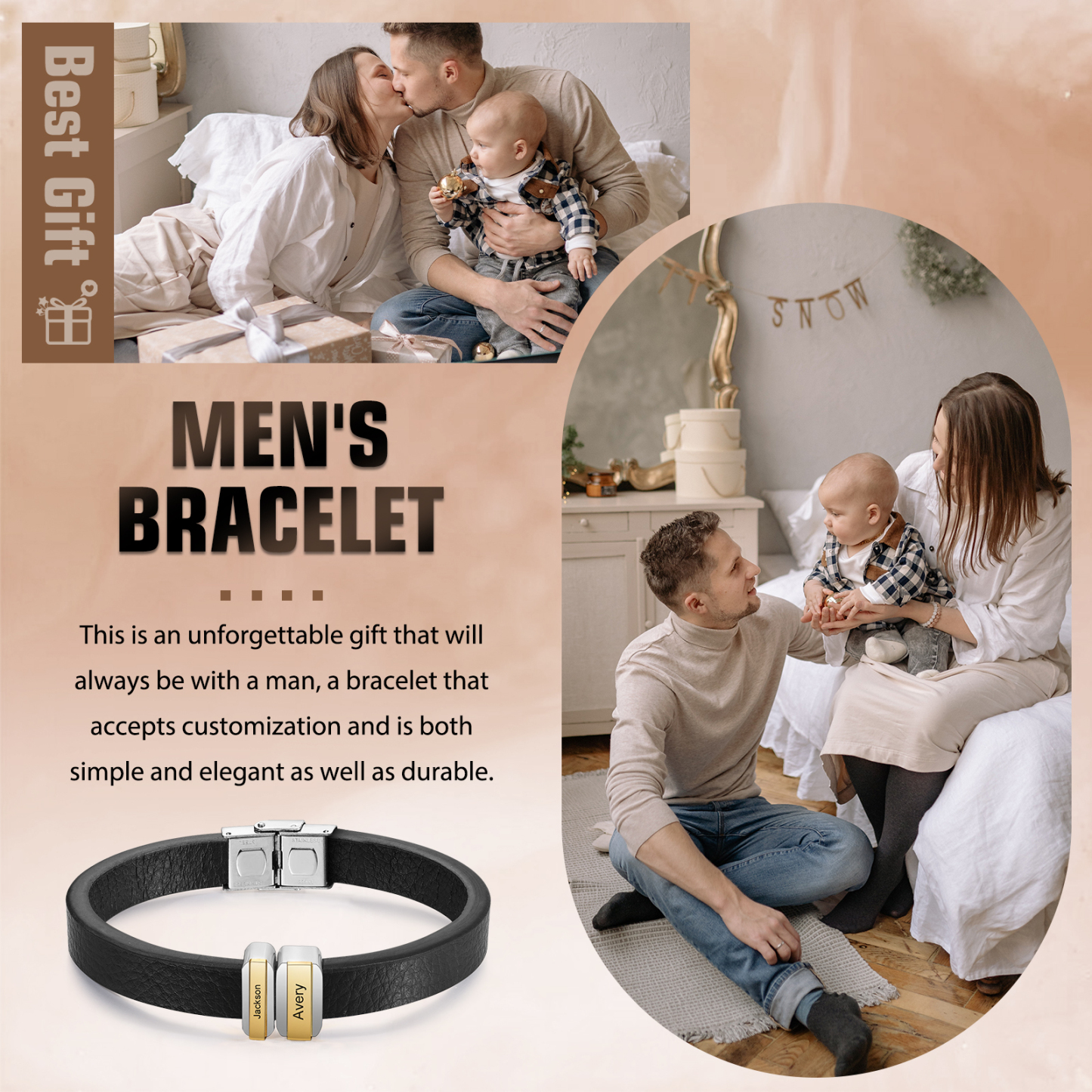 2 Names Personalised Stainless Steel Leather Bracelet Engraved Name Men's Bracelet Gift for Dad