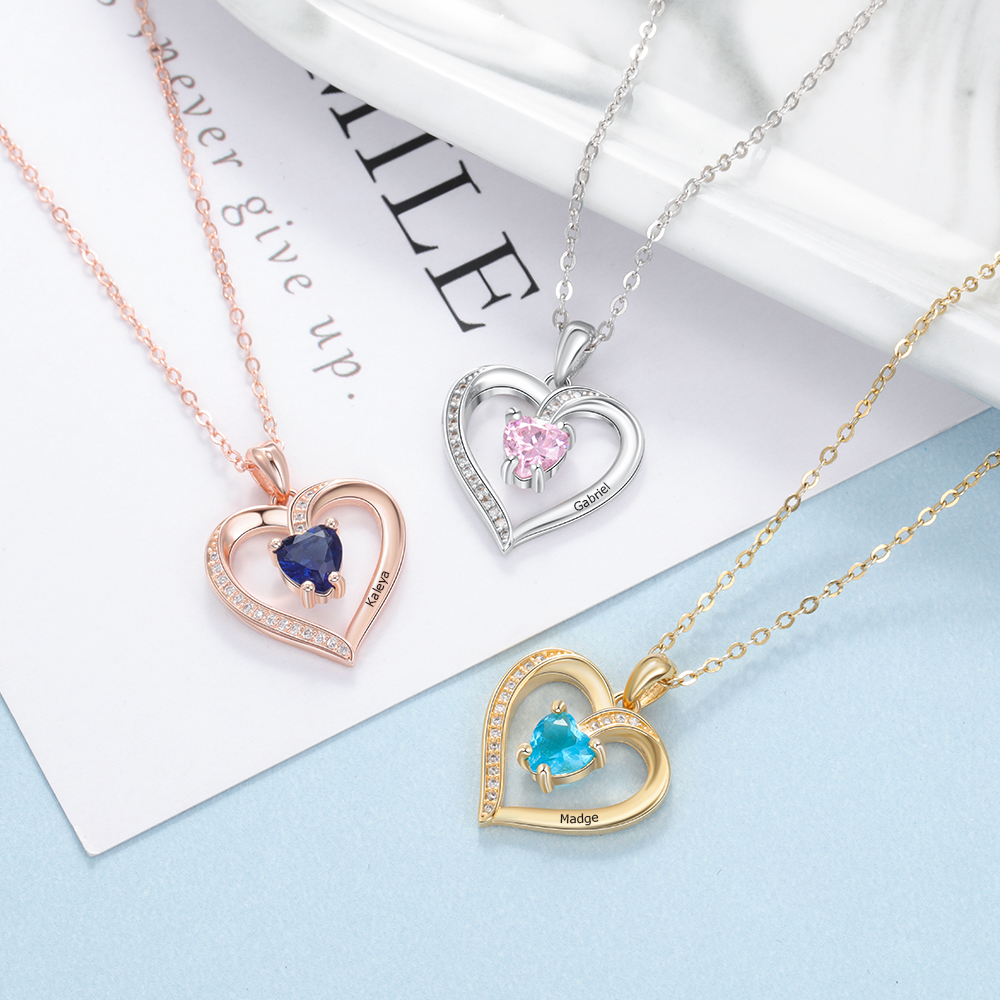 Personalised Name Heart Necklace with Birthstone Gift for Her
