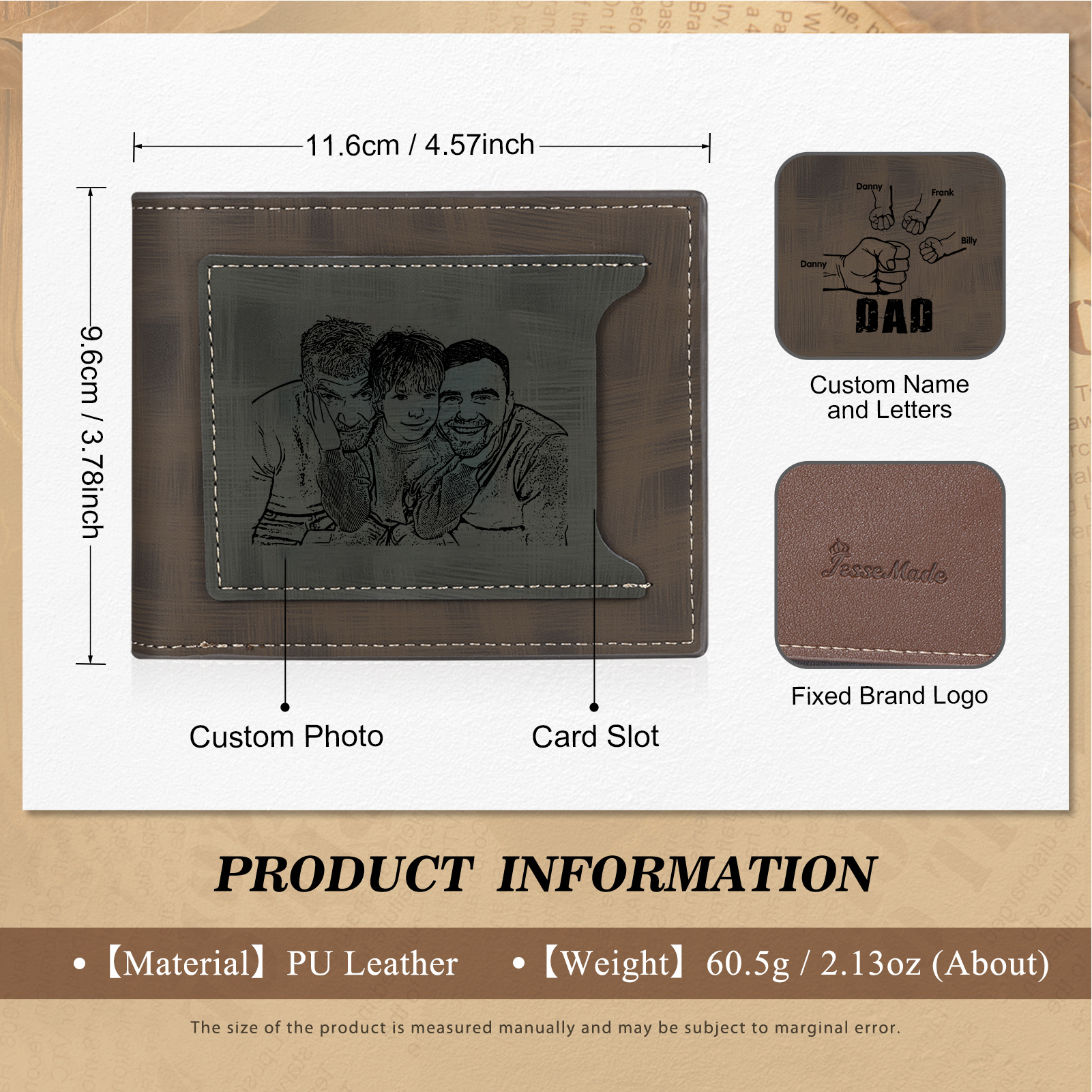 4 Names - Personalised Photo Custom Leather Men's Wallet as a Father's Day Gift for Dad