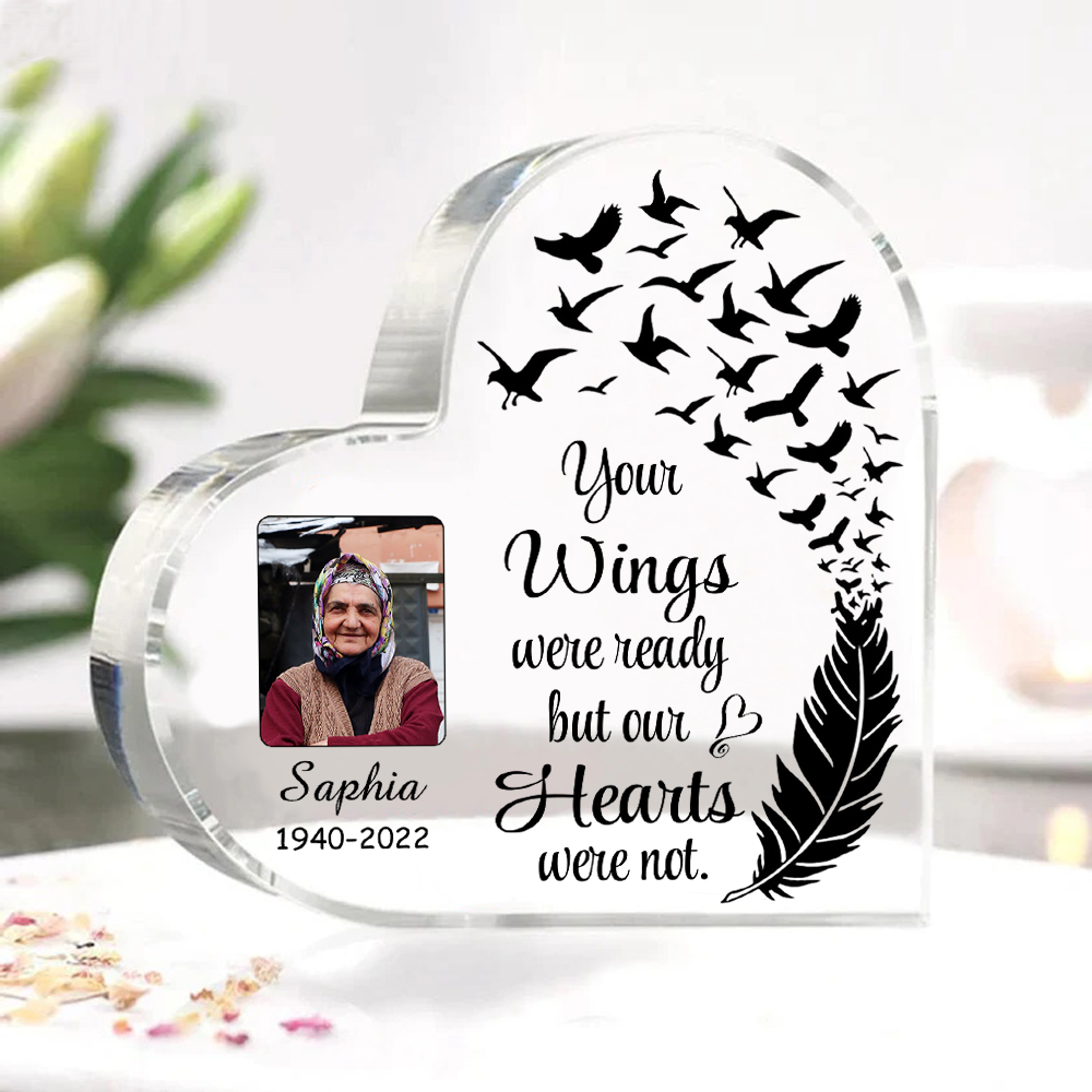 Personalised Memorial Acrylic Heart Keepsake Desktop Photo Ornament-Your Wings Were Ready But My Heart Wasn't-Special Memorial Gift