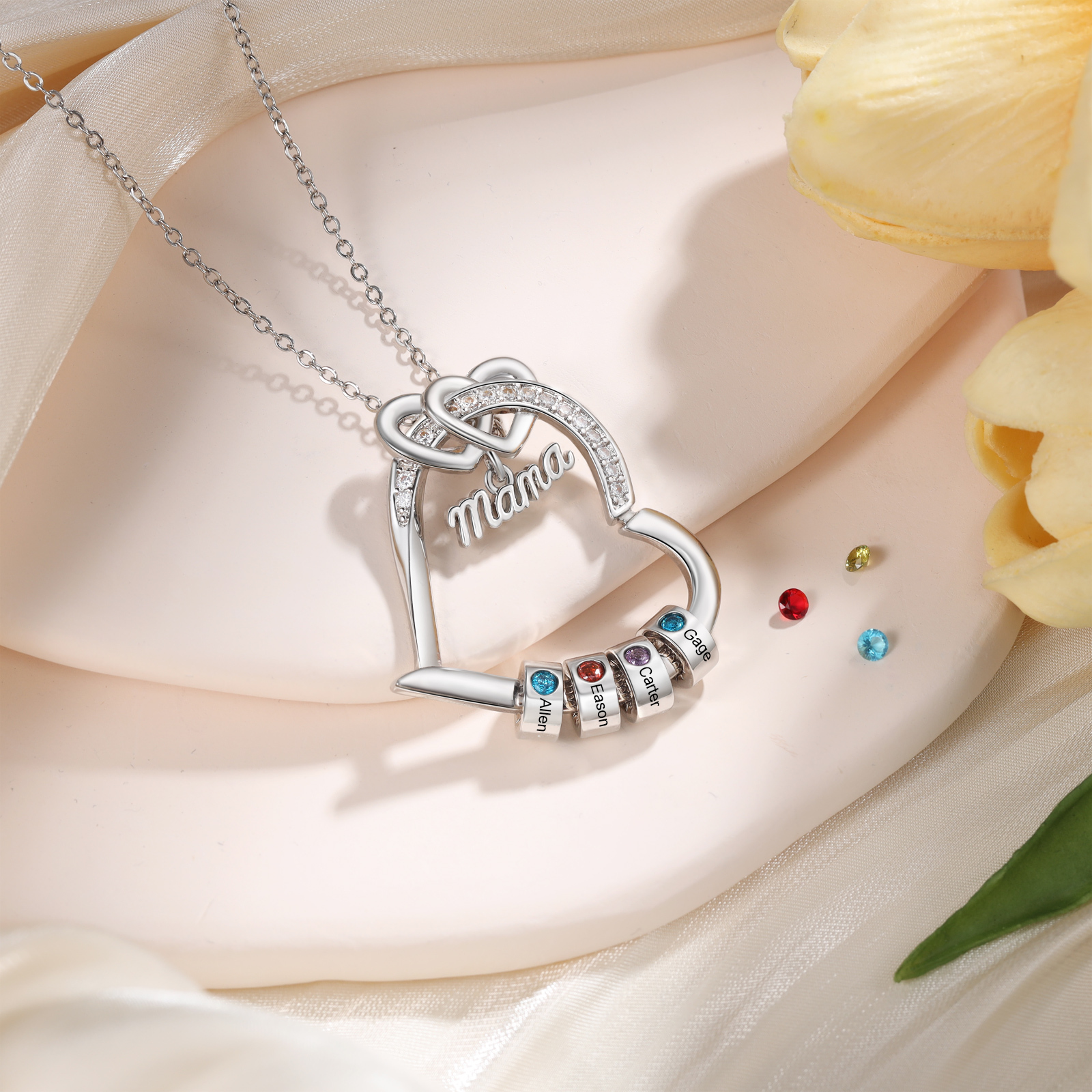 Personalised Mum Heart Necklace with 1-5 Birthstones