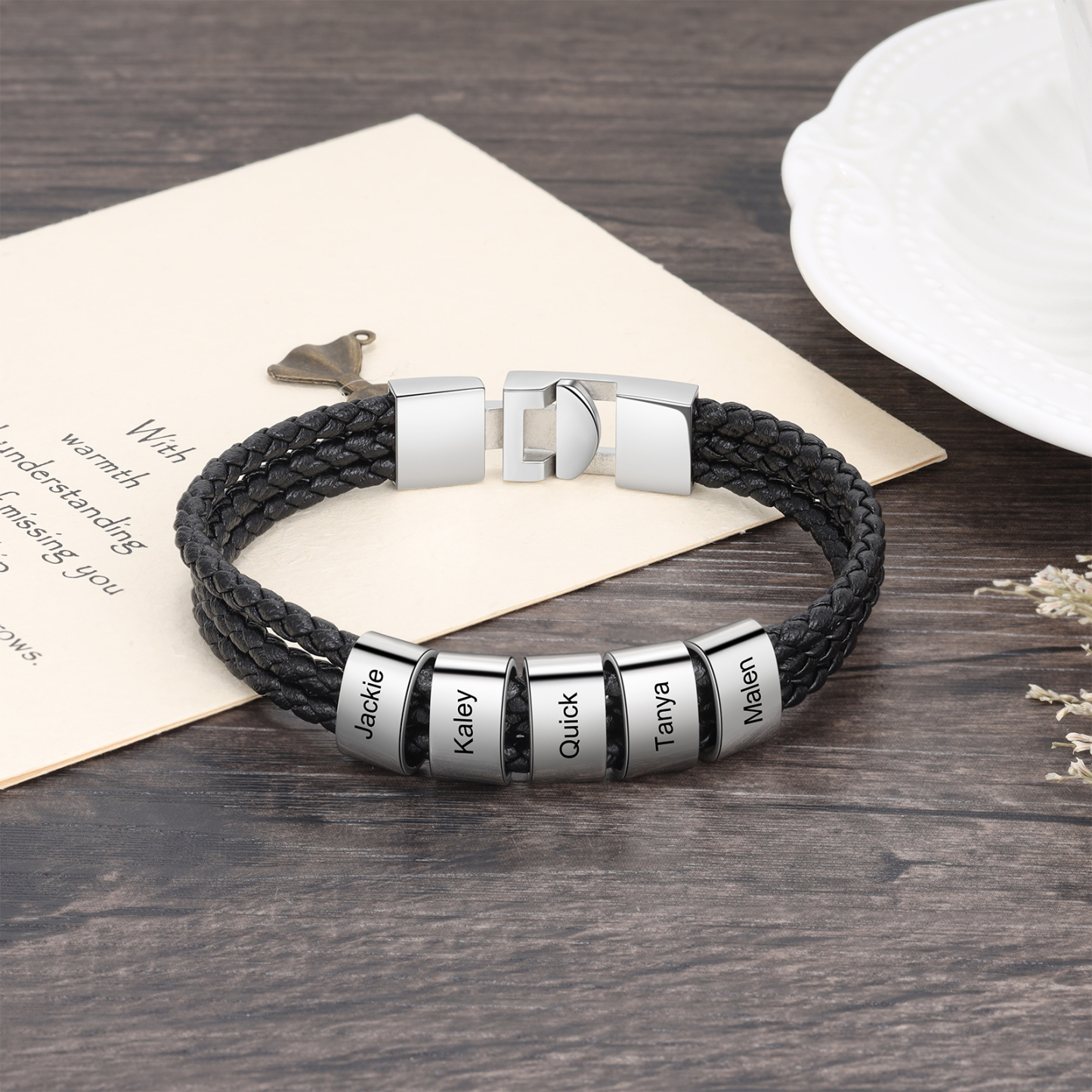 Personalised Braided Leather Bracelet Engraved 5 Names Men's Bracelet Gifts For Him