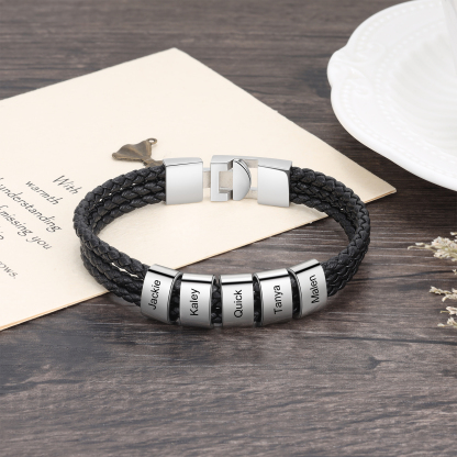 Personalised Braided Leather Bracelet Engraved 5 Names Men's Bracelet Gifts For Him