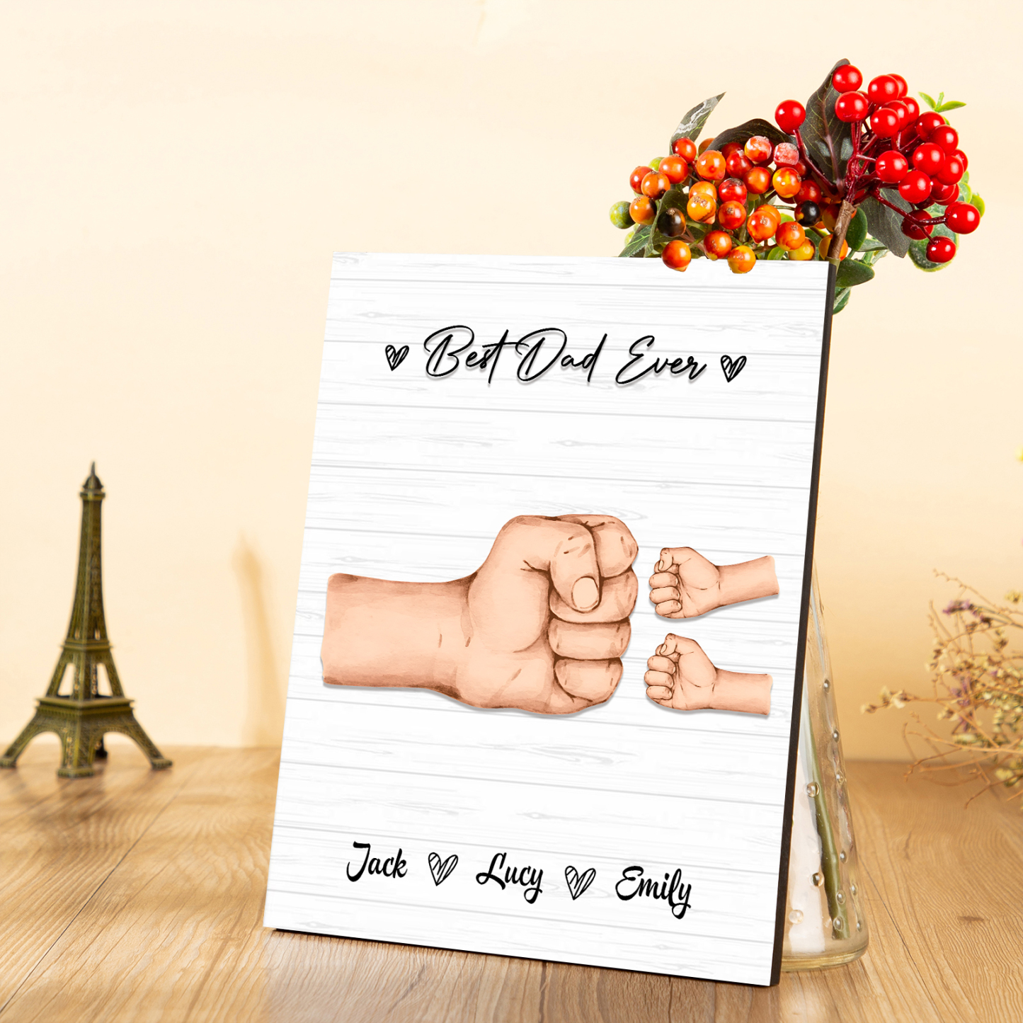 3 Names - Personalised Wooden Ornament Fist Bump Style Engraved Name and Text Ornament for Dad