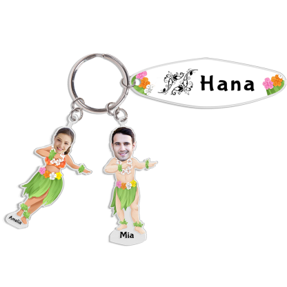 2 Names - Personalised Hawaiian Style Keyring With 2 Photo,2 Name and Text, Gift For Family