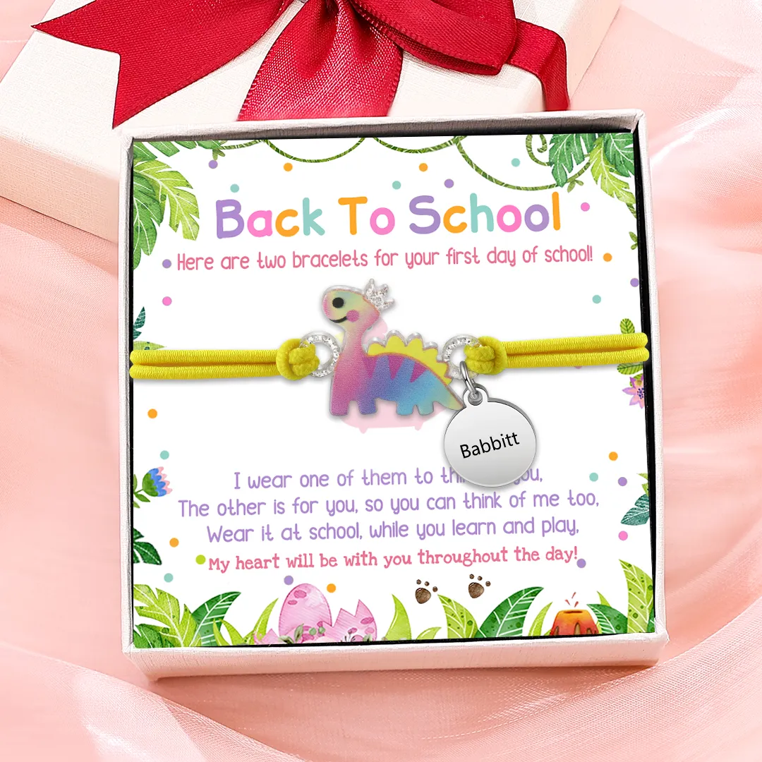 2 PCS Bracelet Set Custom Names Green Dinosaur Charm Hair Ties Back To School Gift for Girls - My Heart Will Be With You Throughout The Day