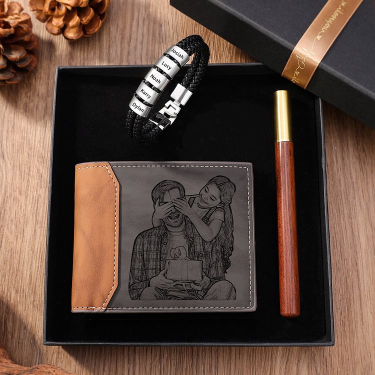Personalised 1 Photo & 1 Letter & 6 Names Gift Set Custom Wallet & Bracelet & Pen Gift Box Set Father’s Day Gifts