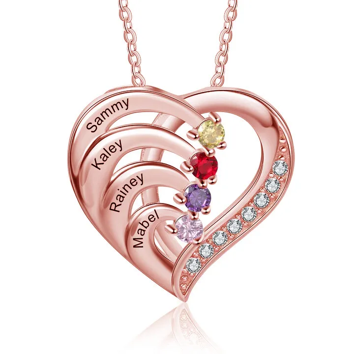 Personalised S925 Silver Mother Necklace 4 Stones Engraved 4 Names Birthstone Family Heart Pendant Christmas Gifts for Her