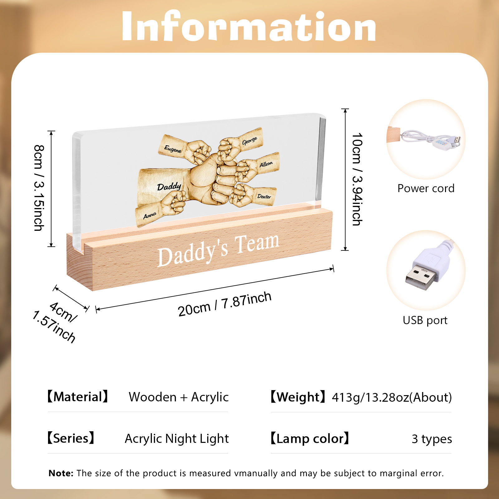 6 Names - Personalised Fist Bump Pattern Table Lamp Customized Text Father's Day Gift for Dad