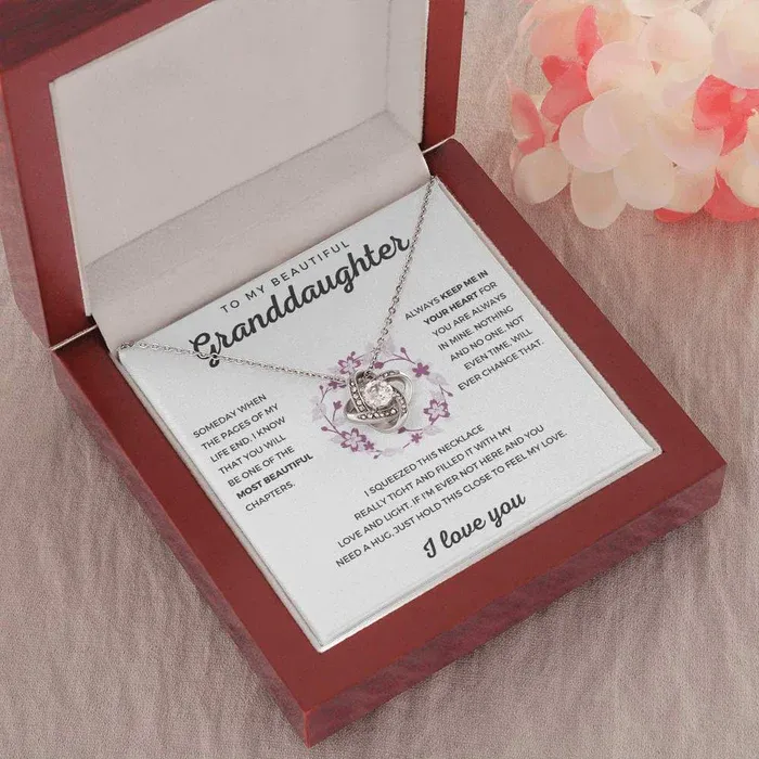To My Granddaughter Love Knot Necklace "Hold This Close To Feel My Love“ Inspirational Gifts for Granddaughter