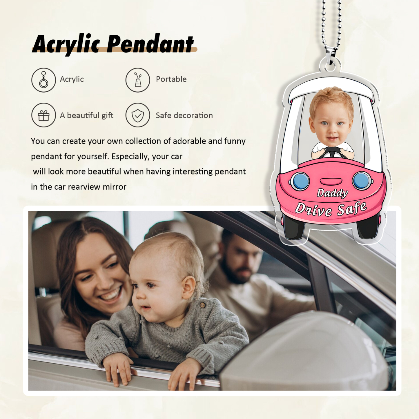 Acrylic Keyring/Decoration Personalised Photo, Name And Text Driving Pattern Pendant For Dad