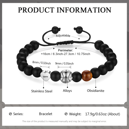 2024 Graduation Gifts - Personalised Obsidianite Name Mens Ball Bracelet, Gift for Him