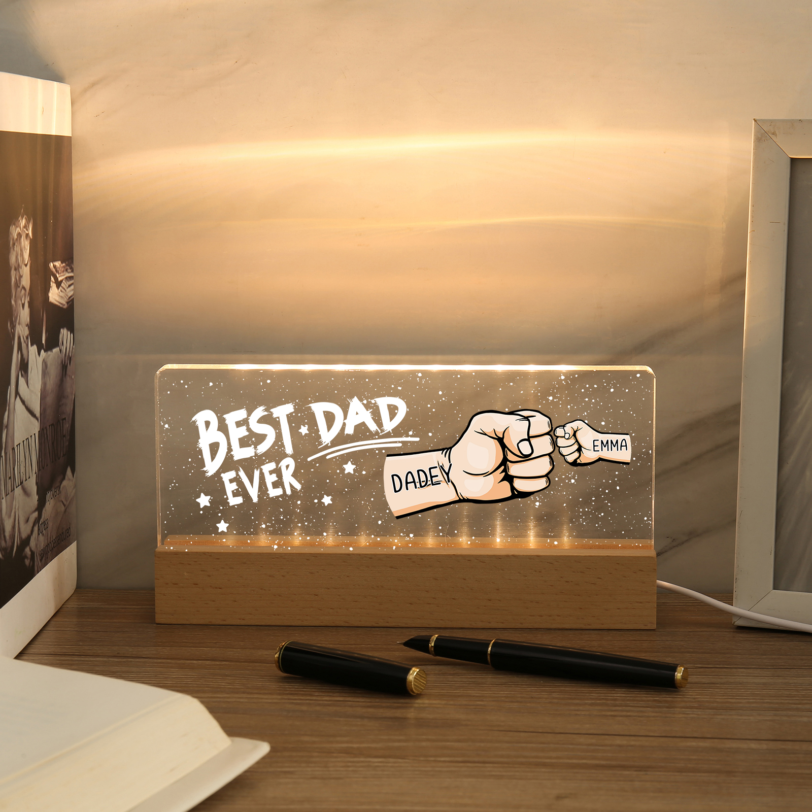 2 Names - Personalised Fist Bump Lamp - Best Dad Ever - Father's Day Gift for Dad