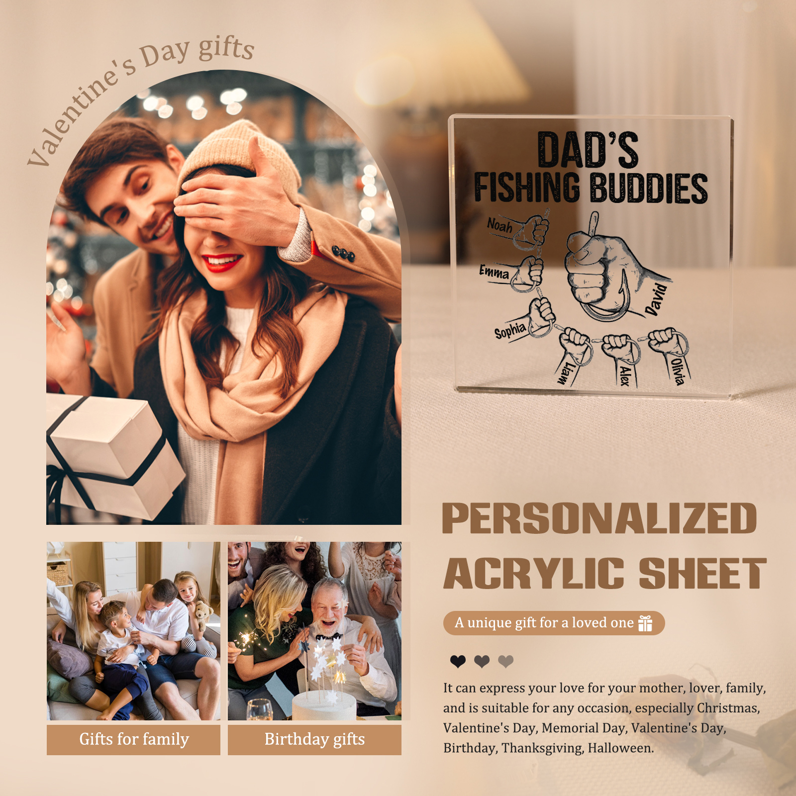 7 Names - Personalised Fishhook Fist Bump Pattern Family Acrylic Keepsake Customized Name Acrylic Home Decor Gift for Dad