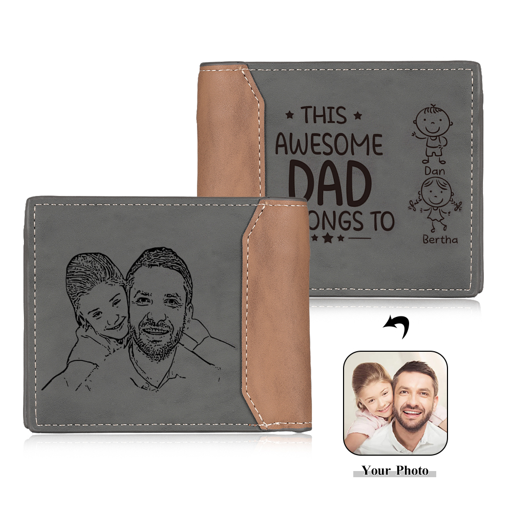 2 Names-Personalised Doll Customized Leather Men's Wallet Customized Name Folding Grey Wallet for Dad