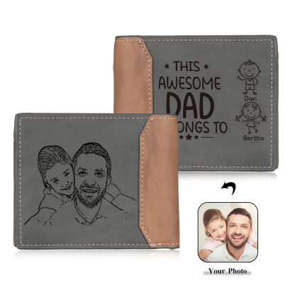 2 Names-Personalised Doll Customized Leather Men's Wallet Customized Name Folding Grey Wallet for Dad