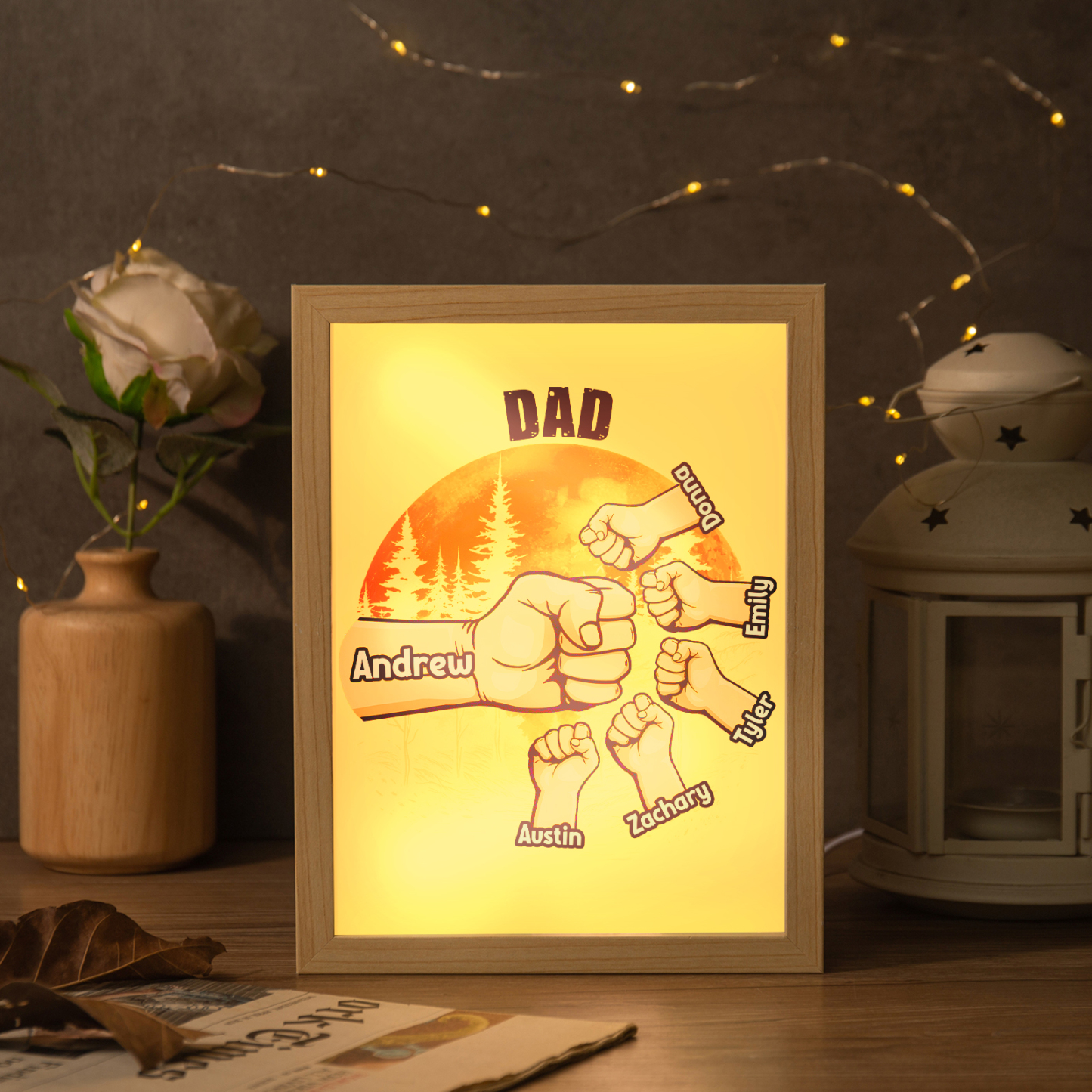 6 Names-Personalised Fist Dad LED Light Wooden Photo Frame -Custom Text & Names, Adjustable 3 Colors