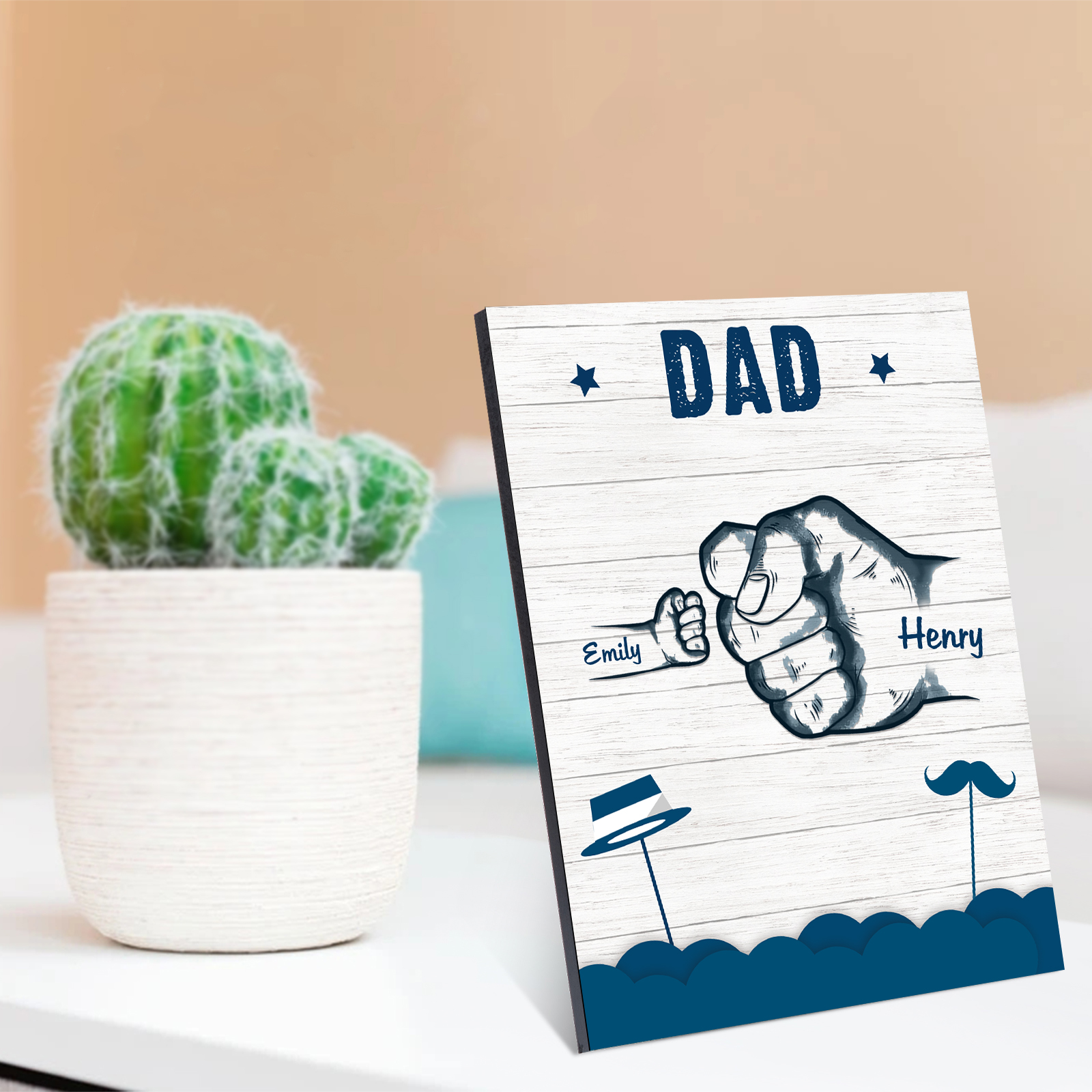 2 Names - Personalised Wooden Ornament Fist Bump Style Engraved Name and Text Ornament for Dad