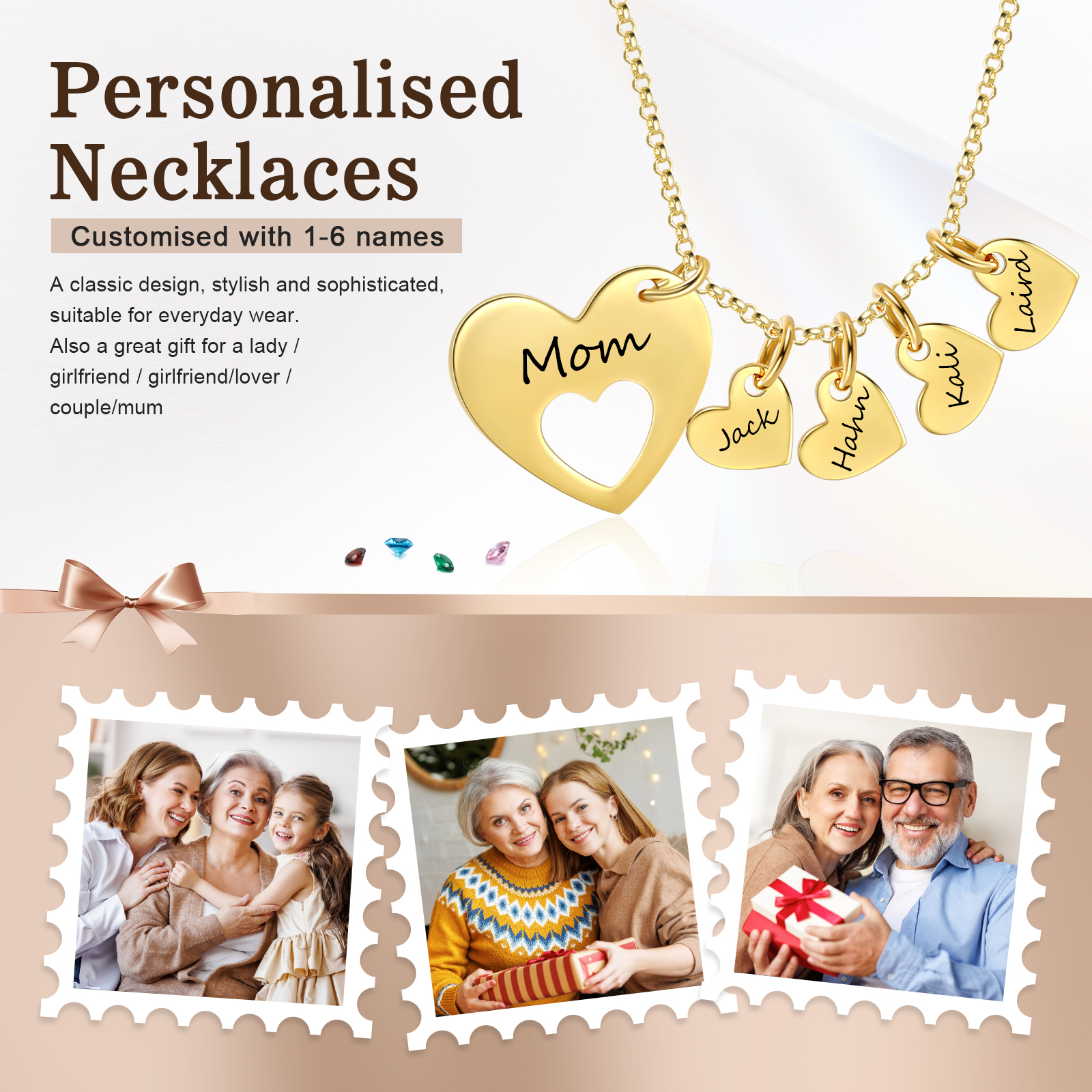 4 Names - Personalised Love Pendant Necklace with Gift Box Customized Name Gift for Her