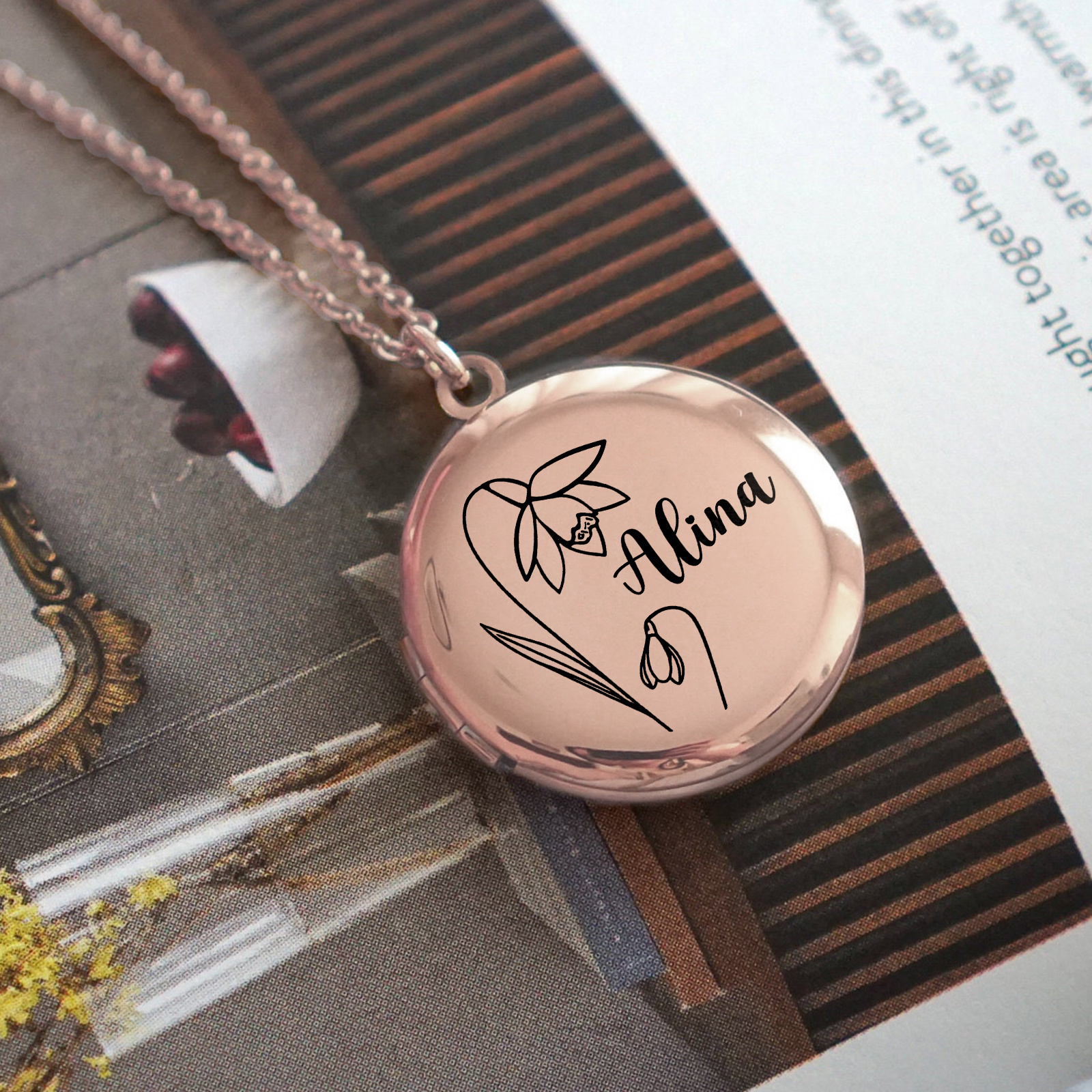 Personalised Birth Flower Locket Necklace Custom Photos Name Gift for Her | Jessemade