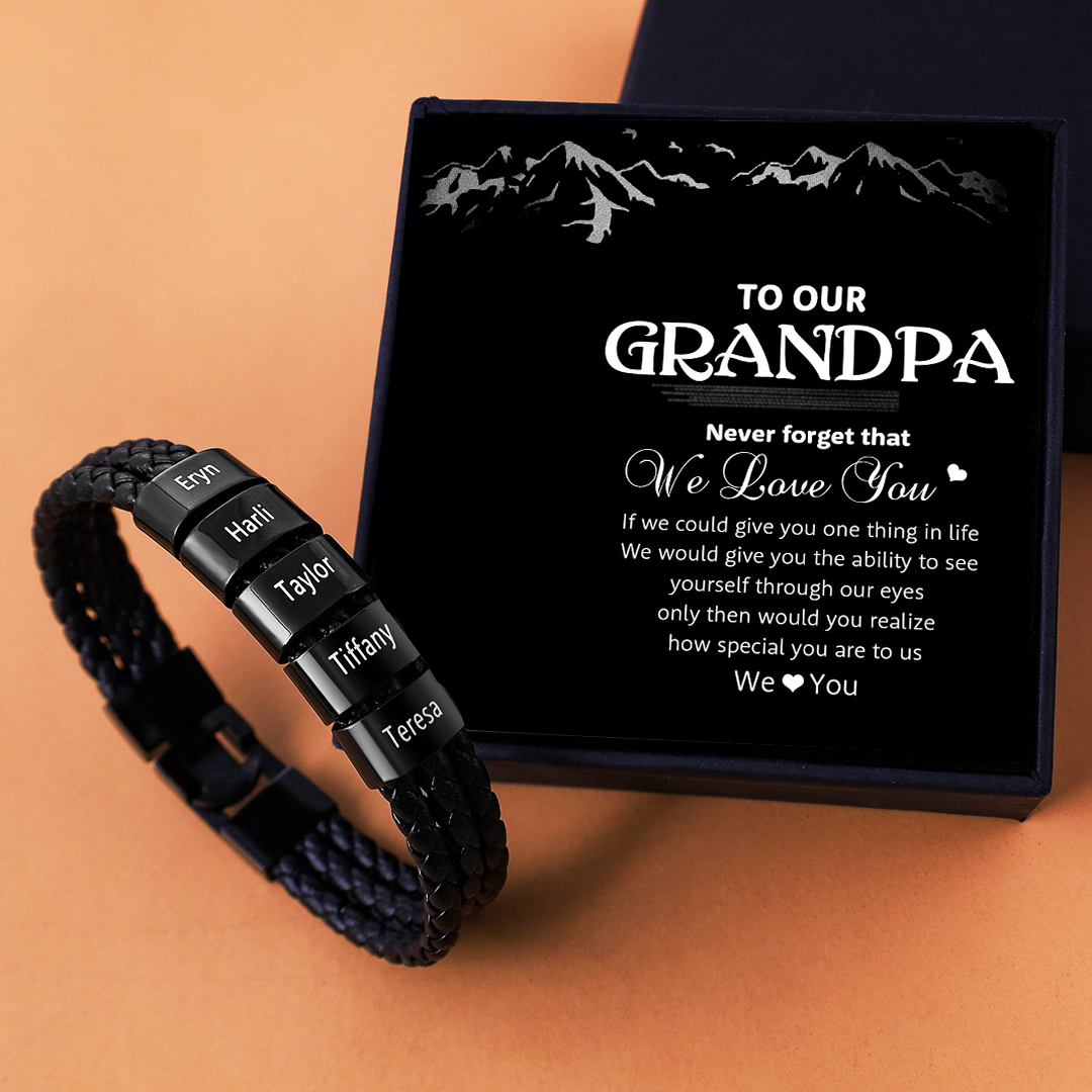Personalised Braided Leather Bracelet Engraved 5 Names Men's Bracelet Gifts For Him
