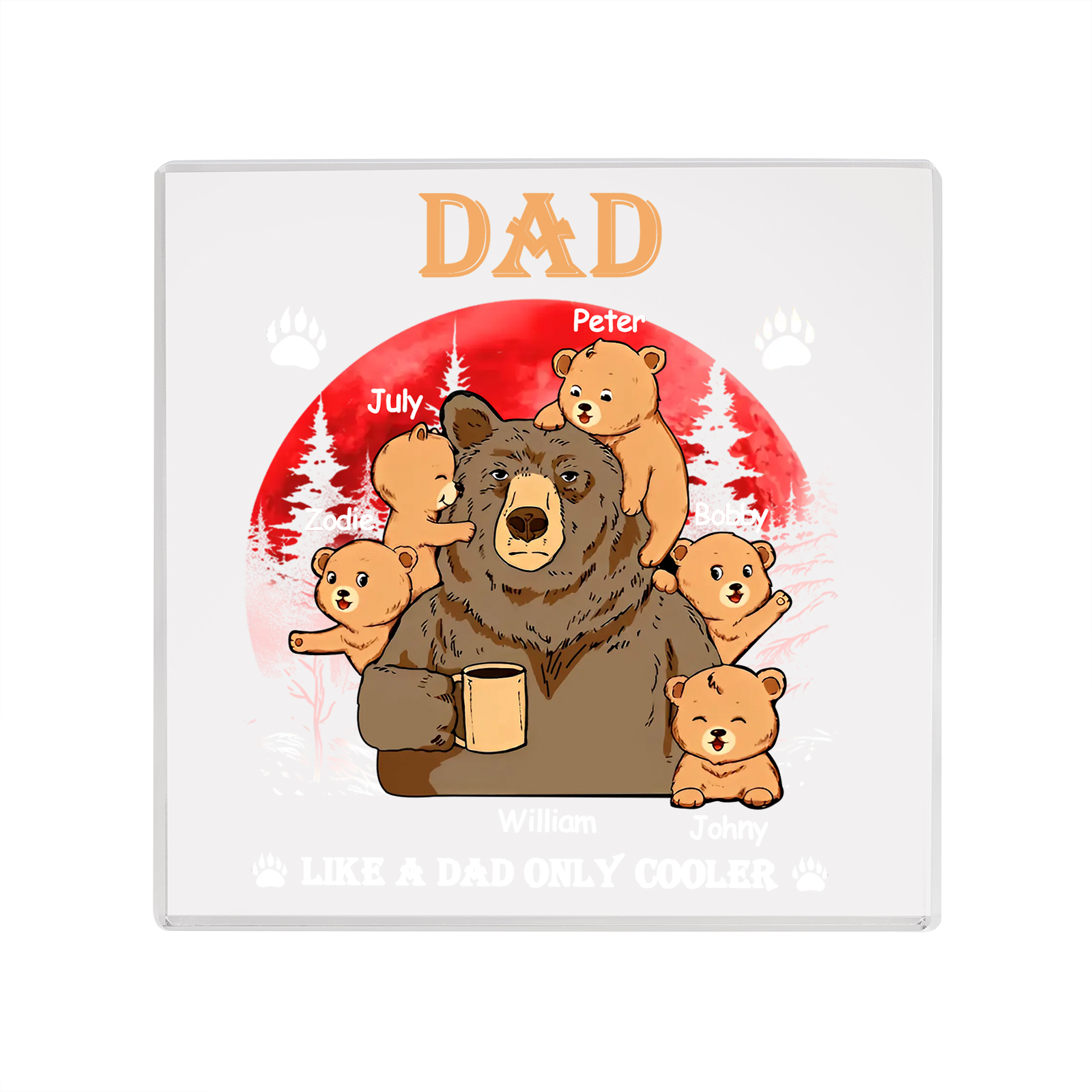 6 Names - Personalised Bear Family Pattern Custom Name Acrylic Square Ornament Father's Day Gift