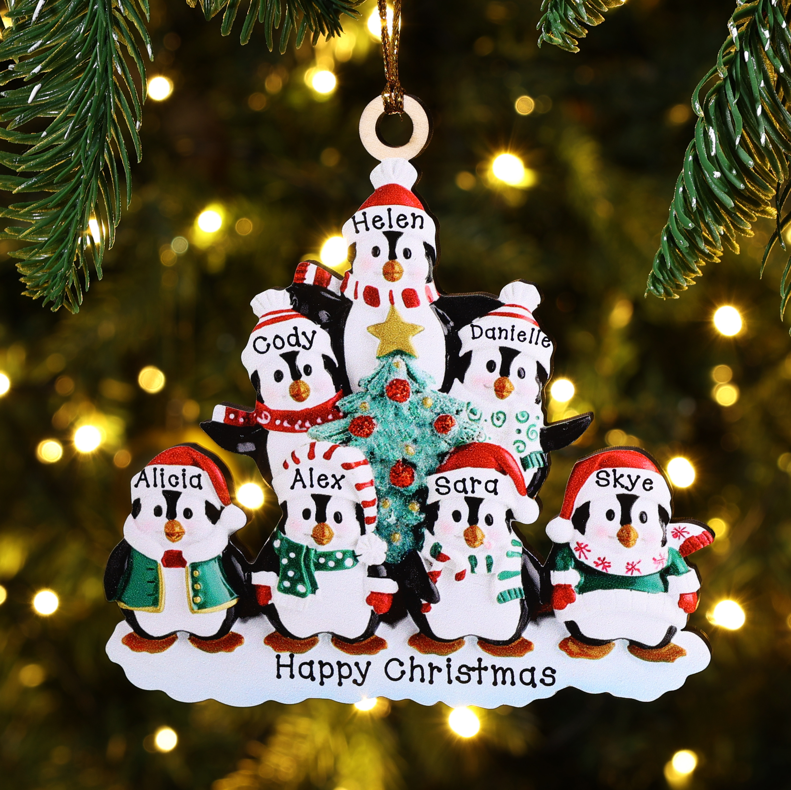 9 Names-Personalized Family Wooden Christmas Ornament-Custom 9 Names Hanging Ornament Gifts For Family-Winter Penguin Family