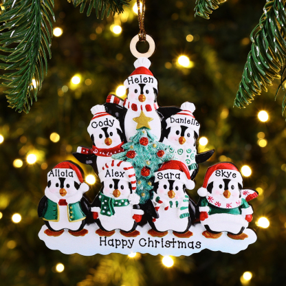 9 Names-Personalized Family Wooden Christmas Ornament-Custom 9 Names Hanging Ornament Gifts For Family-Winter Penguin Family