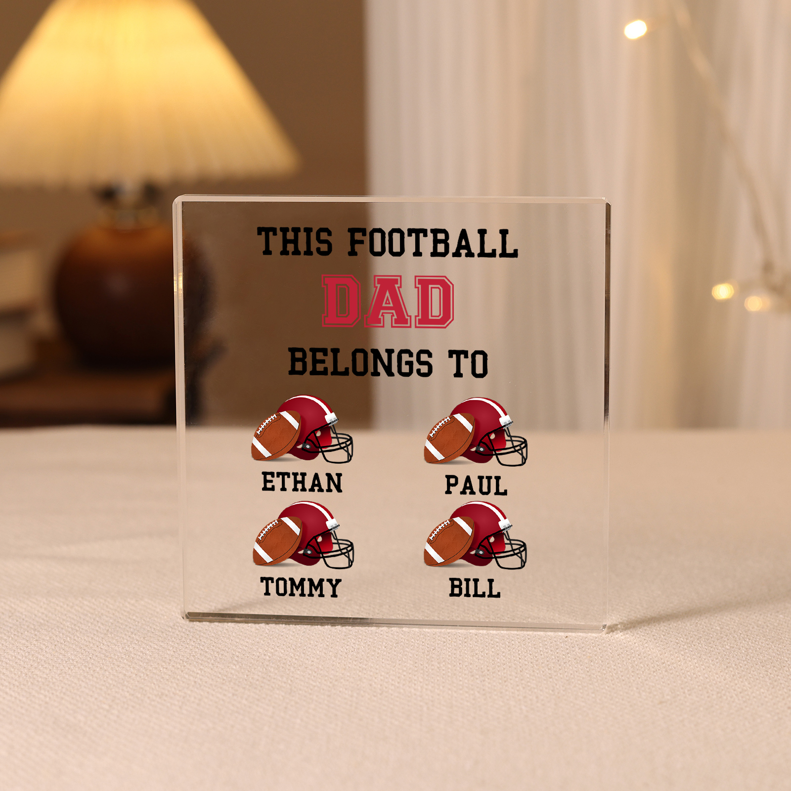4 Names -Personalised Football Acrylic Keepsake Customized Name Acrylic Plaque Ornament Father's Day Gift for Dad