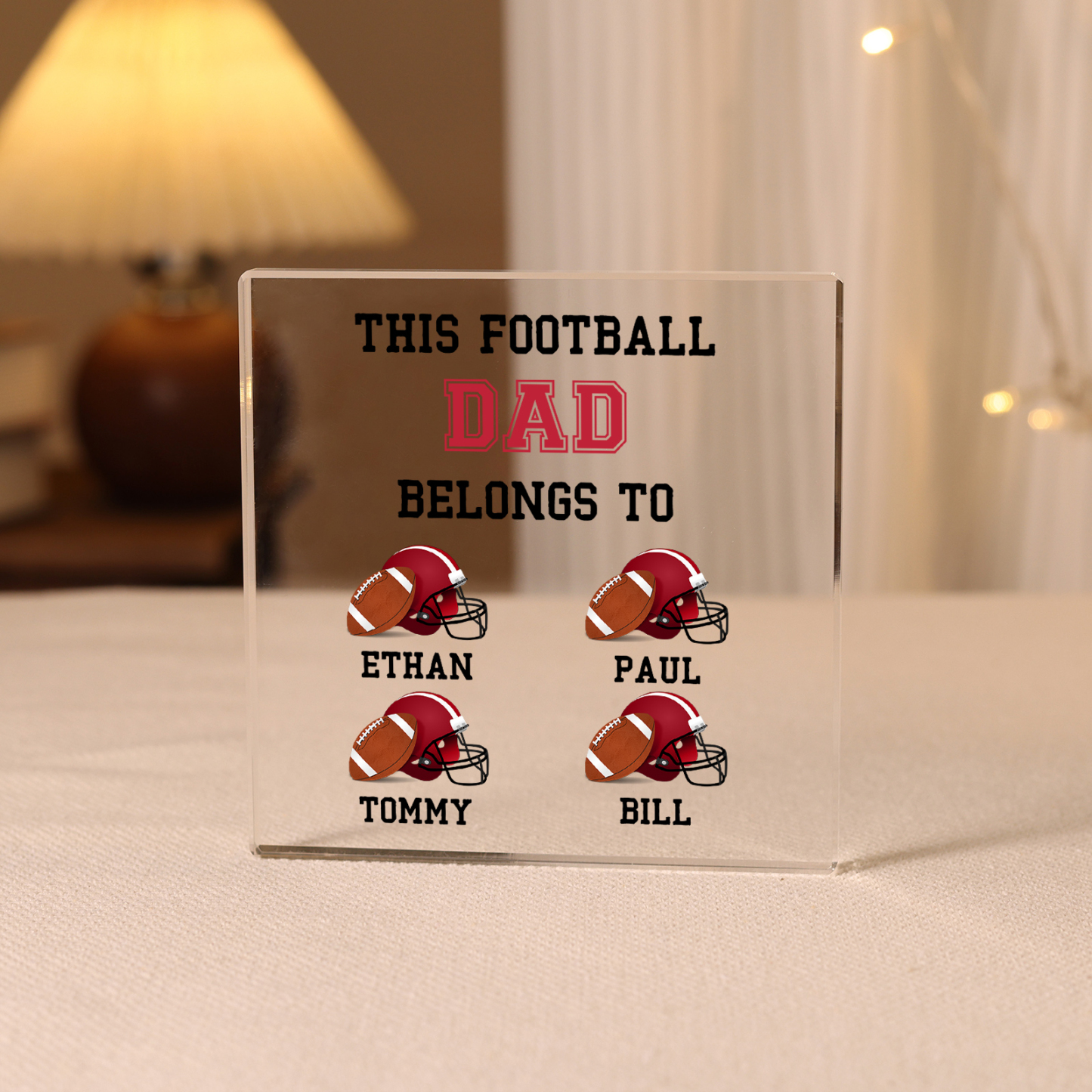 4 Names -Personalised Football Acrylic Keepsake Customized Name Acrylic Plaque Ornament Father's Day Gift for Dad