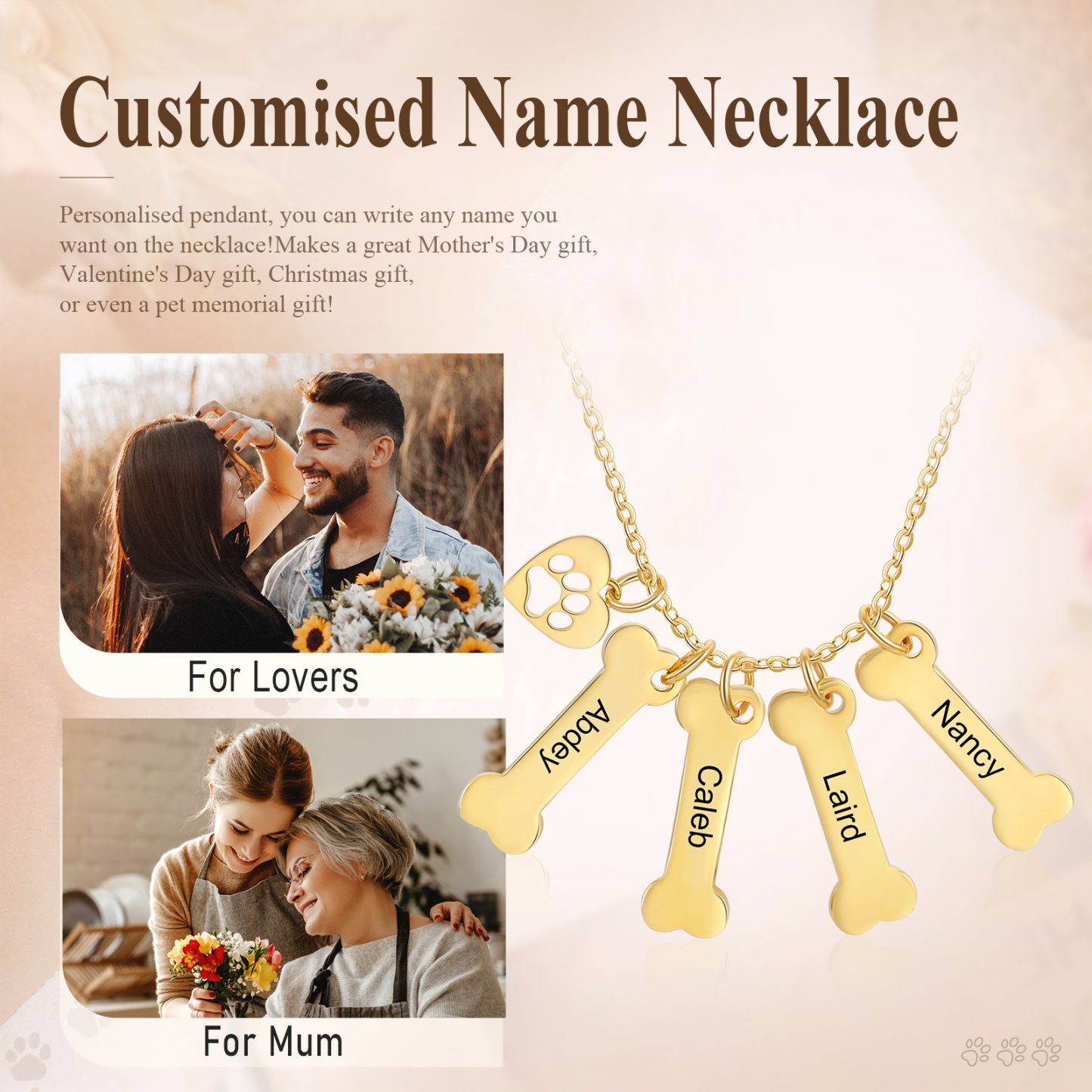 4 Names - Personalised Heart and Bones Charm Pendant Necklace, Custom Name Gift for Her