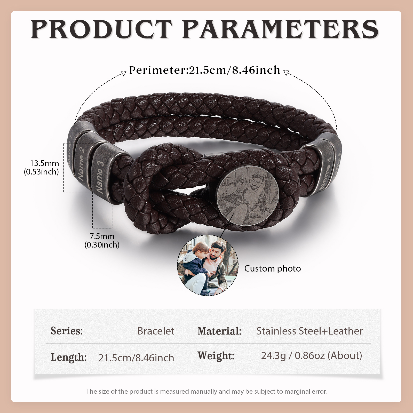 5 Names-Personalized Mens Photo Bracelet Engraved with Names, Custom Special Men's Braided Name Bracelet