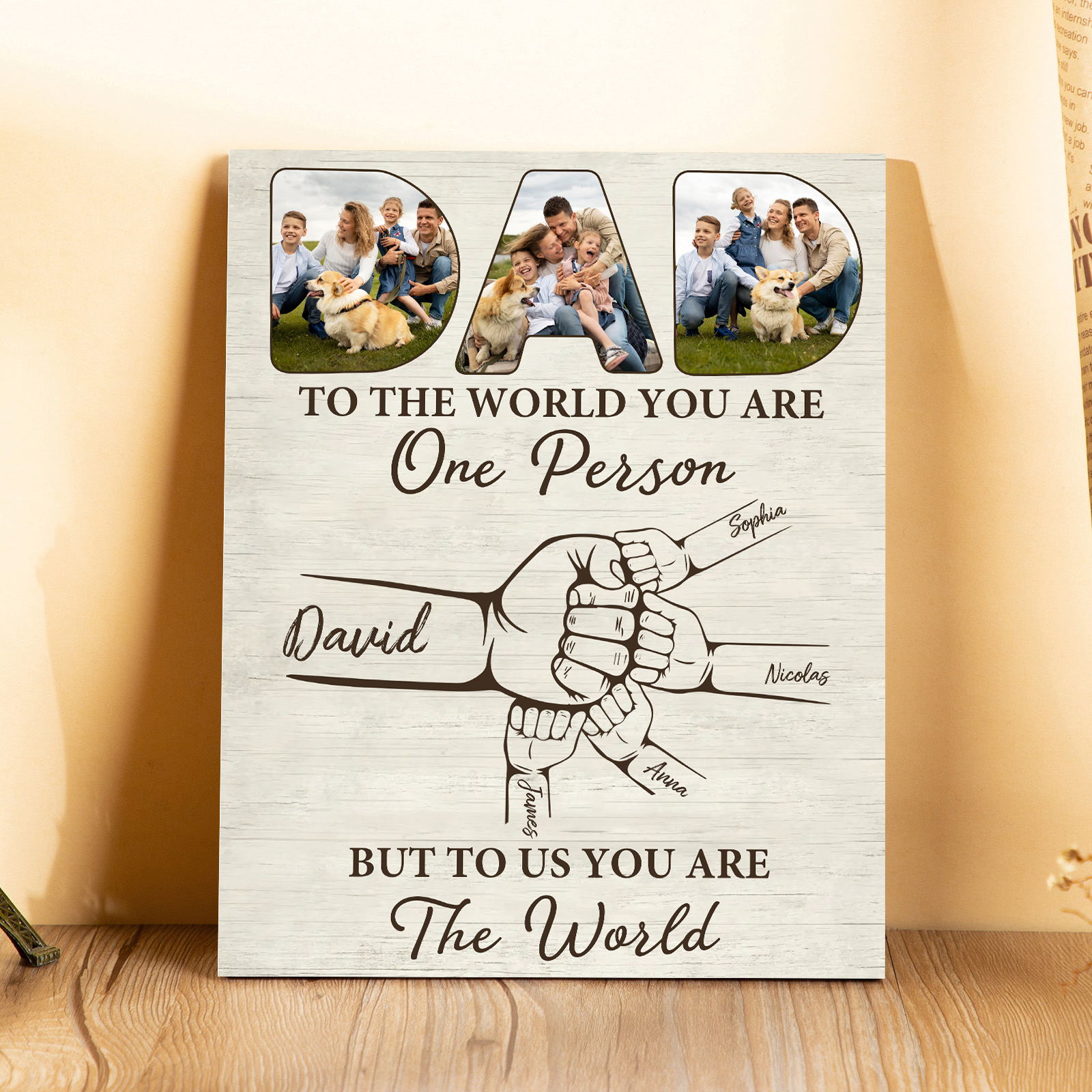 5 Names - Personalised Photos Fist Bump Home Wood Panel Painting Decorations Father's Day Gift for Dad