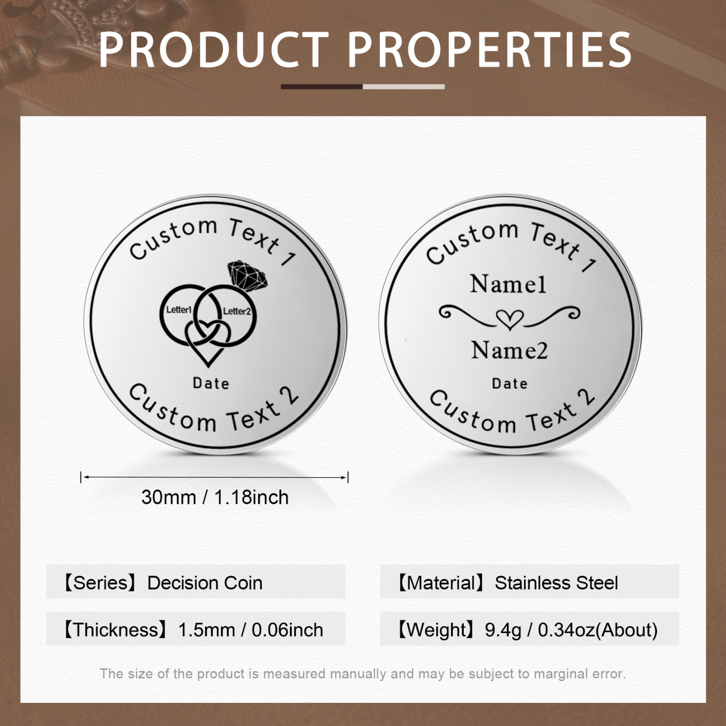 2 PCS Personalized Name Stainless Steel Couple Coin Custom Text And Date Special Gift