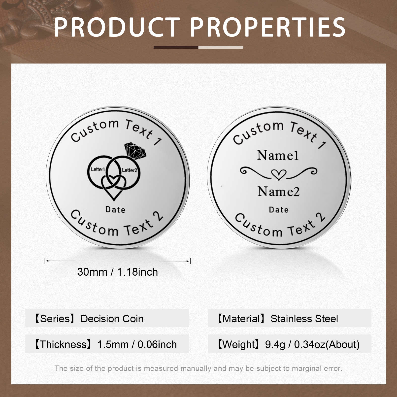 2 PCS Personalized Name Stainless Steel Couple Coin Custom Text And Date Special Gift