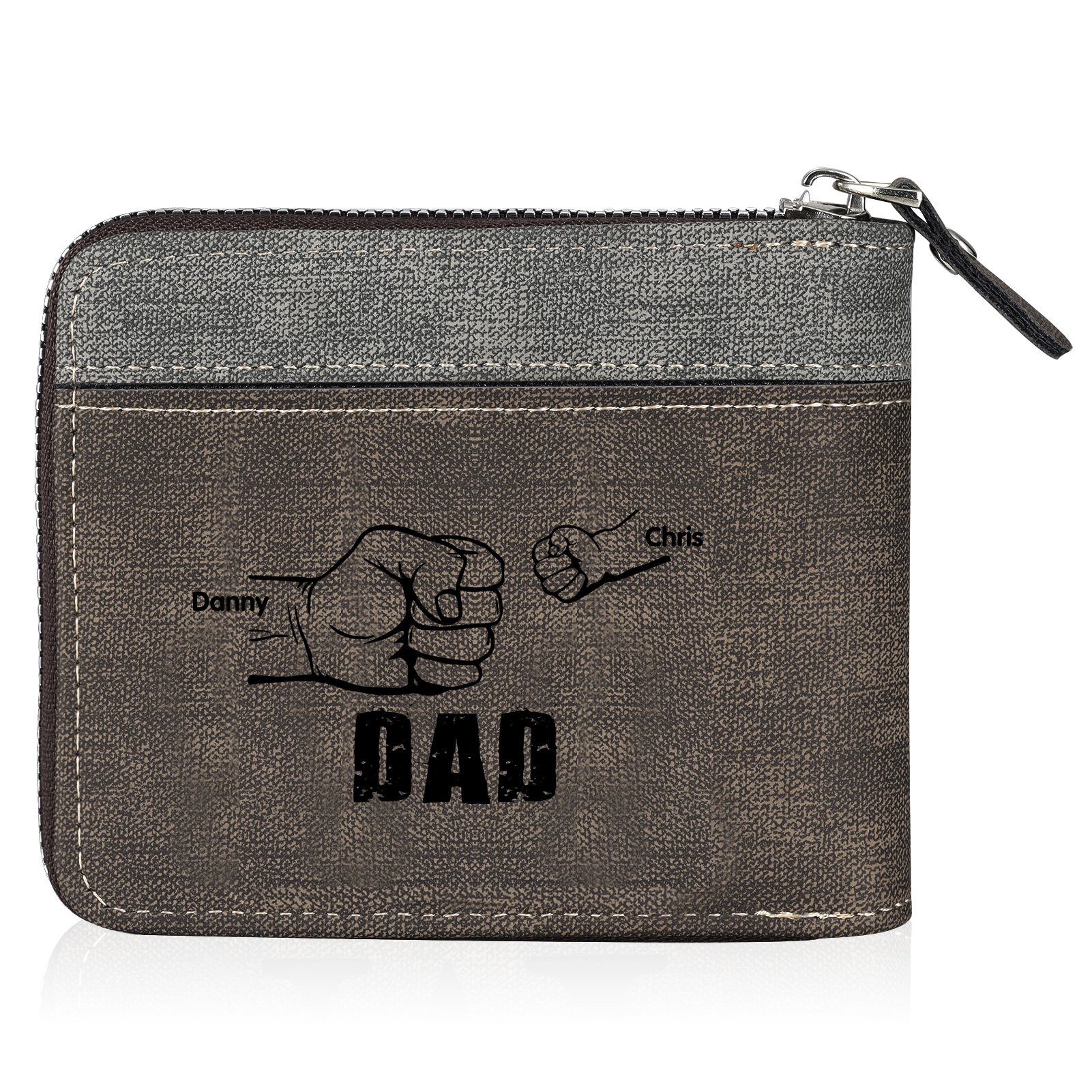 2 Names - Personalised Fist Bump Photo Custom Leather Men's Zipper Wallet as a Father's Day Gift for Dad