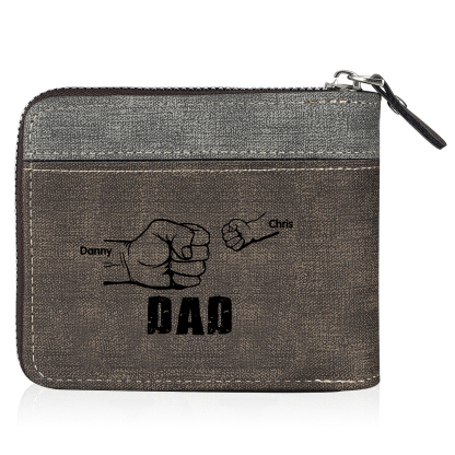 2 Names - Personalised Fist Bump Photo Custom Leather Men's Zipper Wallet as a Father's Day Gift for Dad