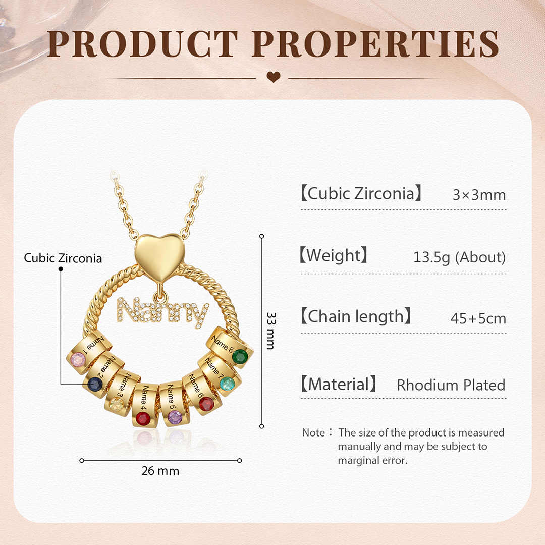 8 Names-Personalised Nanny Circle Necklace With 8 Birthstones Pendant Engraved Names Gift For Nanny