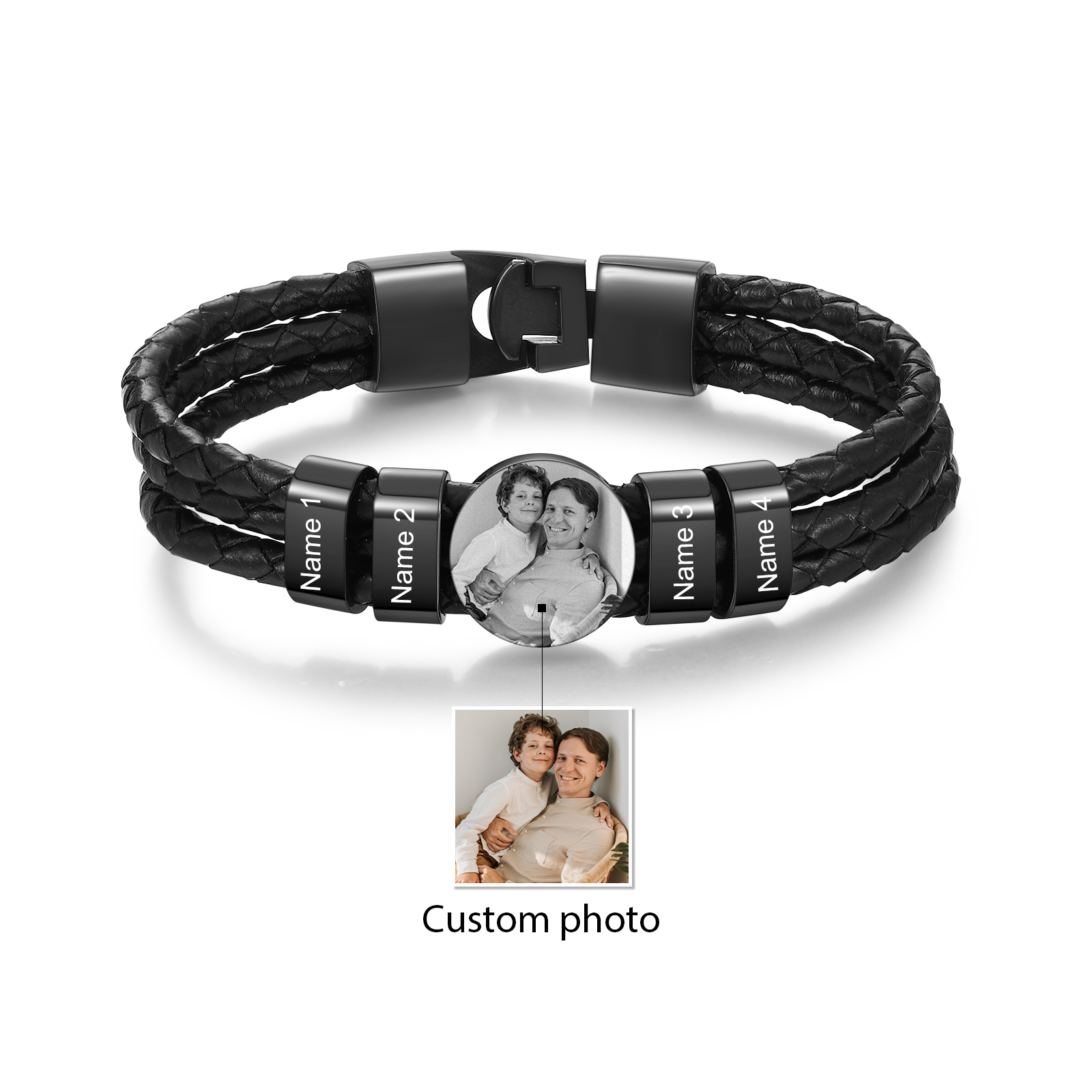 Personalised Braided Leather Bracelet Engraved with 4 Names and Customized 1 Photo Men's Bracelet for Dad