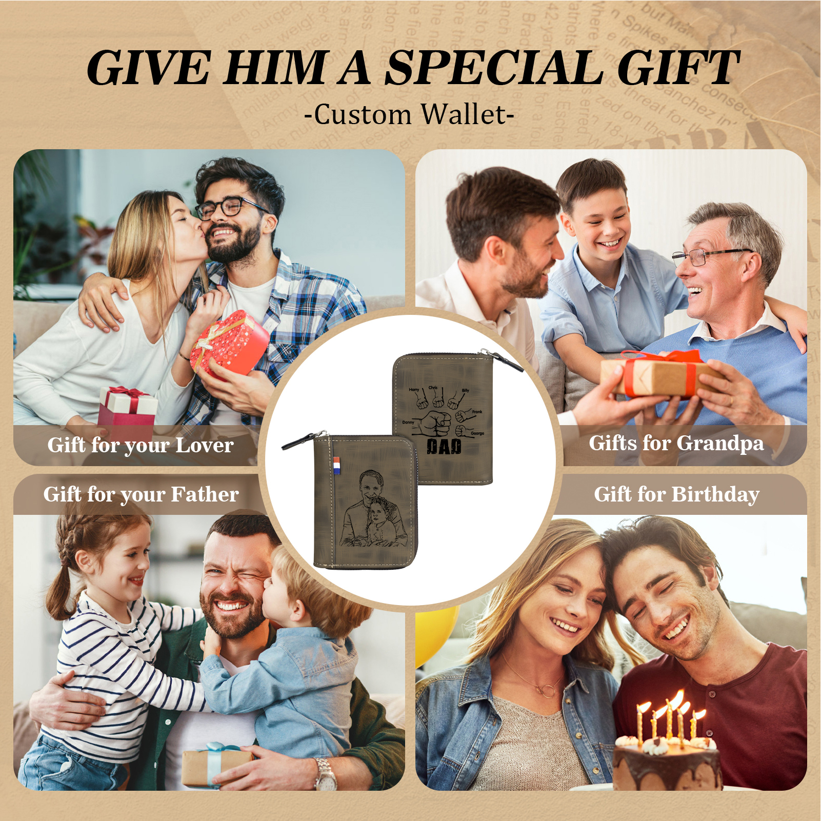 6 Names - Personalised Fist Bump Fist Bump Photo Custom Leather Men's Zipper Wallet as a Father's Day Gift for Dad