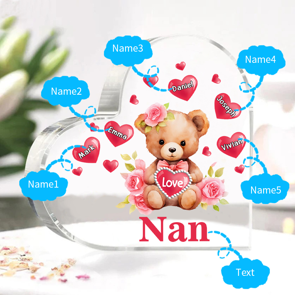 5 Names-Personalized Bear Acrylic Heart Keepsake Custom Text Acrylic Plaque Ornaments Gifts for Nan
