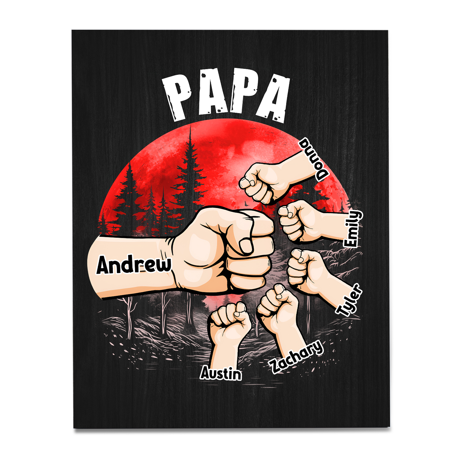 6 Names - Personalised Wooden Ornament Fist Bump Red Forest Style Engraved Name and Text Ornament for Dad